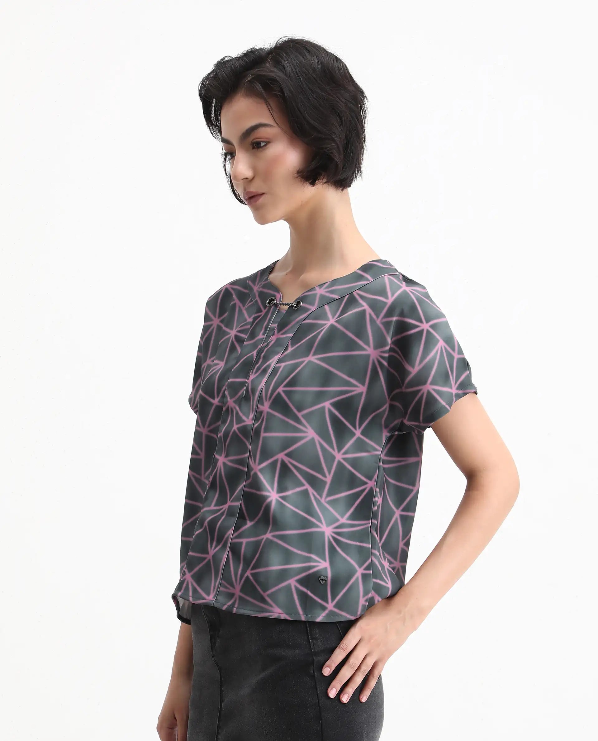 Rareism Women's Katya Grey Polyester Blend Collarless Abstract Print Extended Sleeves Regular Fit Top