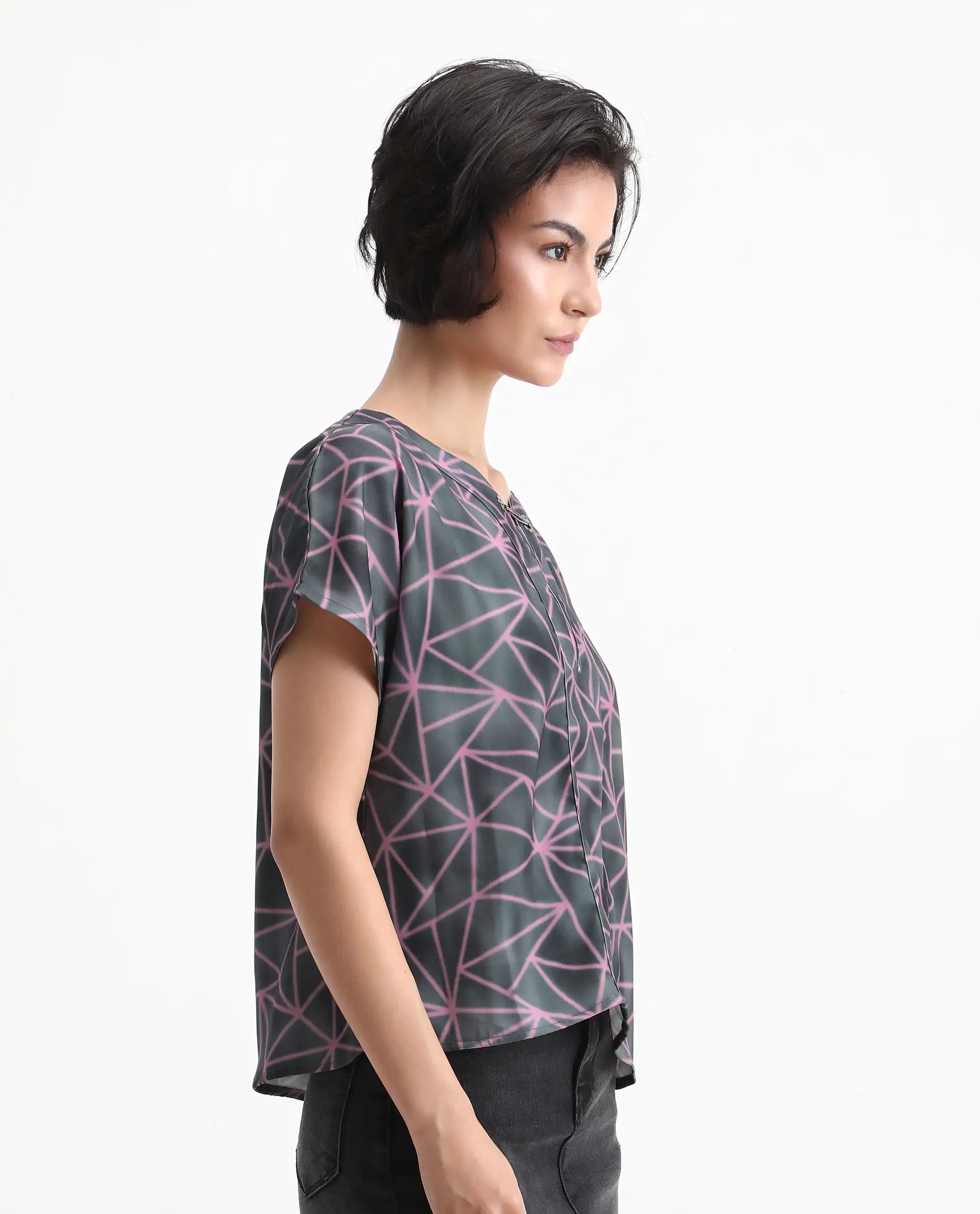 Rareism Women's Katya Grey Polyester Blend Collarless Abstract Print Extended Sleeves Regular Fit Top