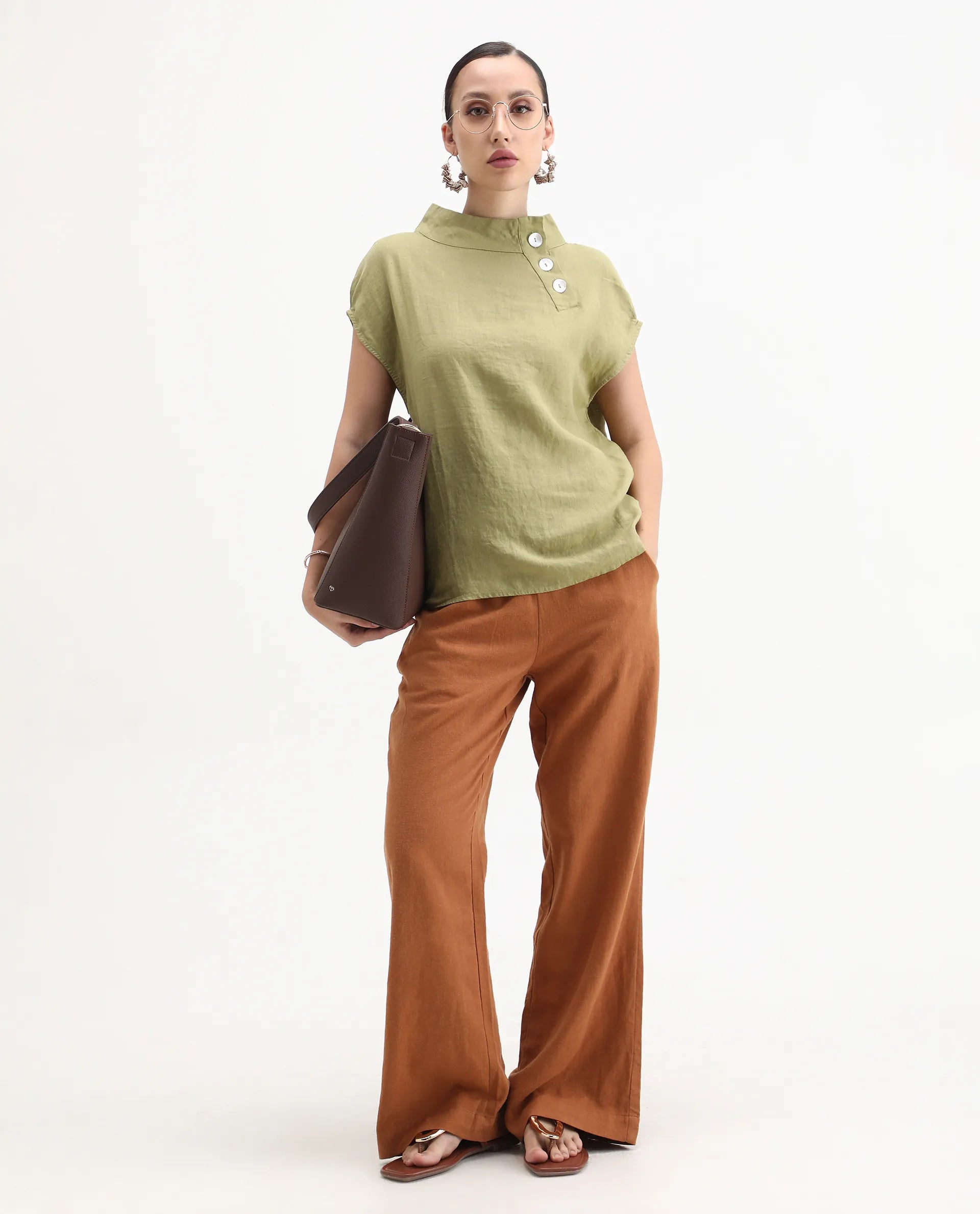 Rareism Women's Kavier Green Linen High Neck Plain Regular Fit Top