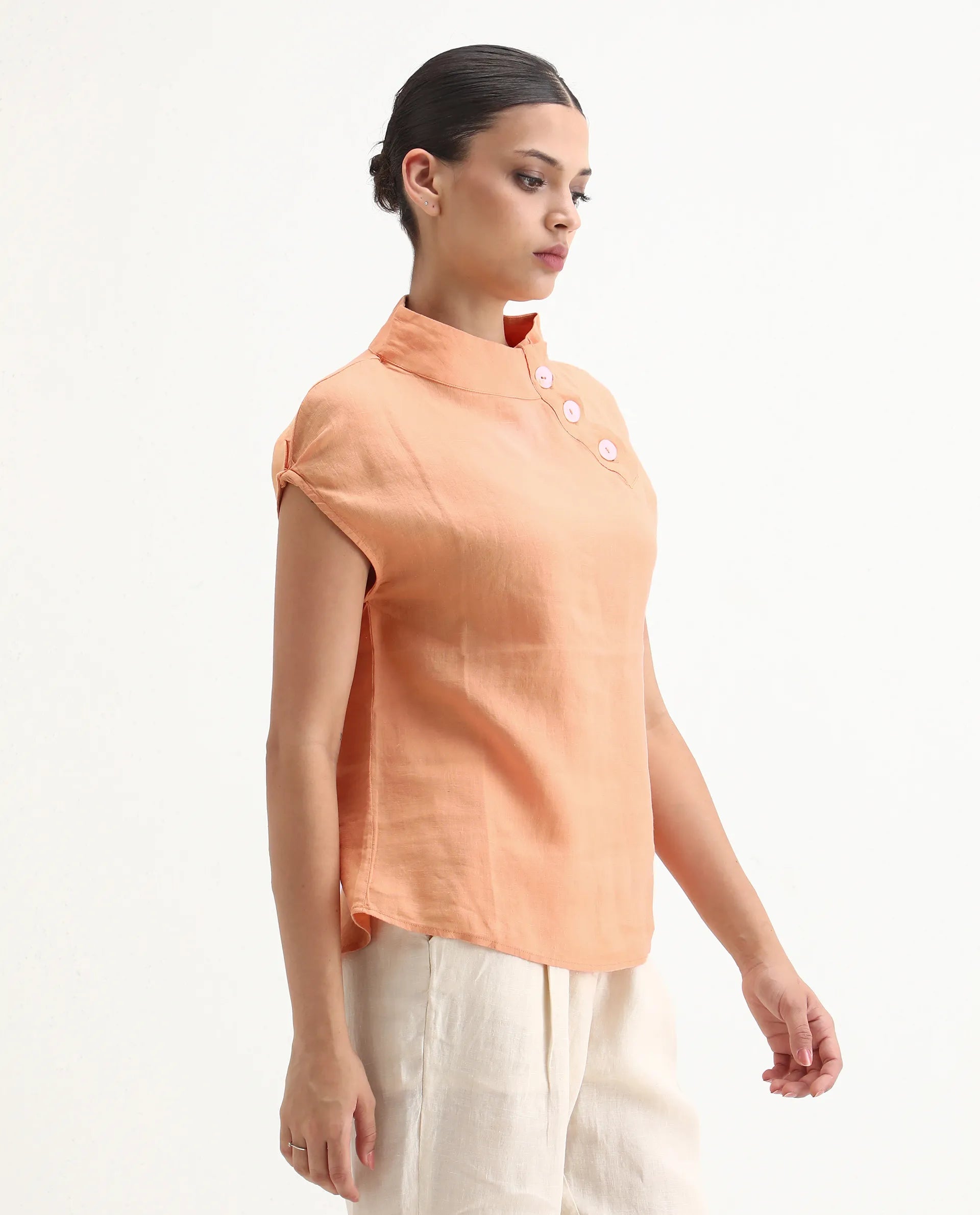 Rareism Women's Kavier Orange Linen High Neck Plain Regular Fit Top