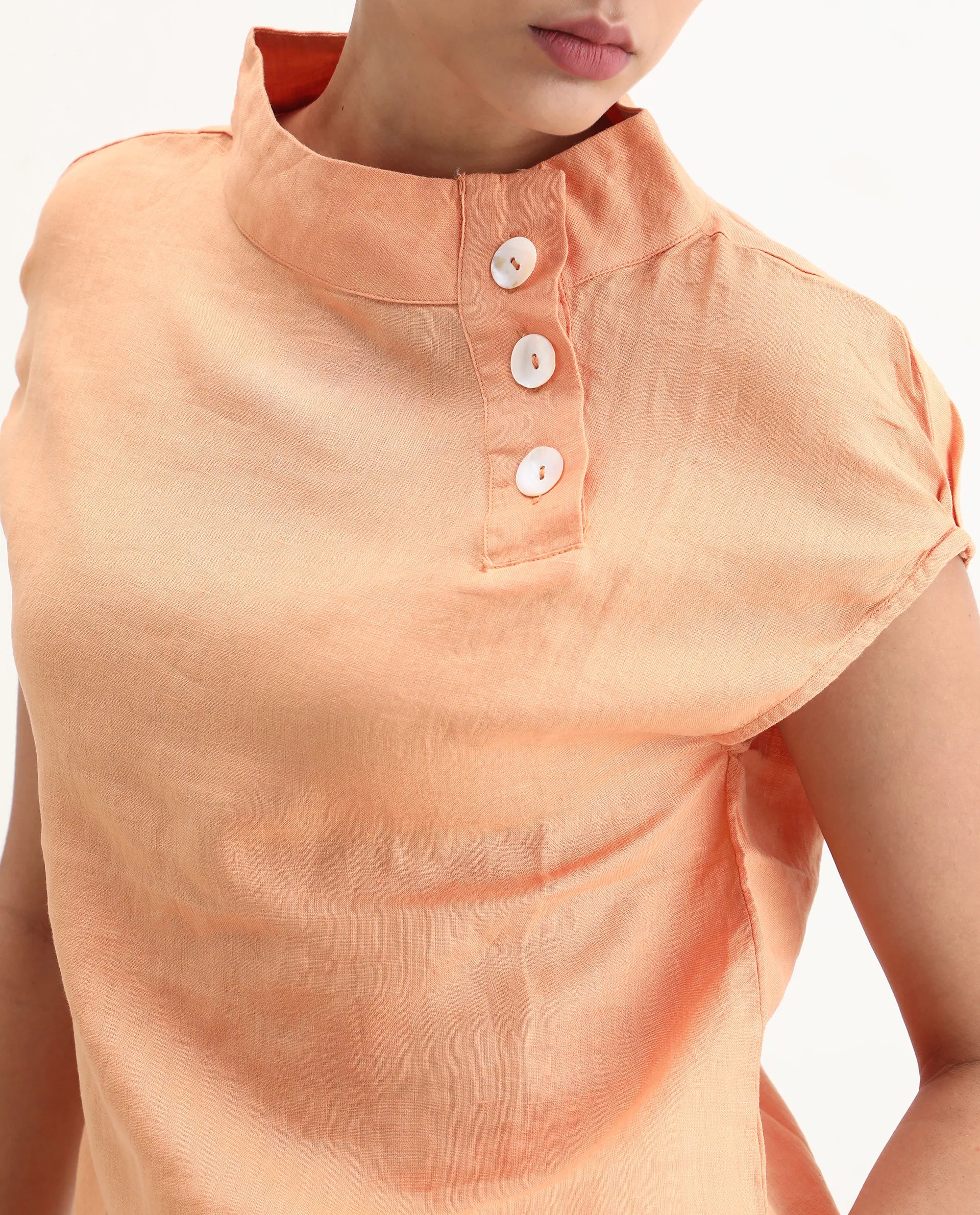 Rareism Women's Kavier Orange Linen High Neck Plain Regular Fit Top
