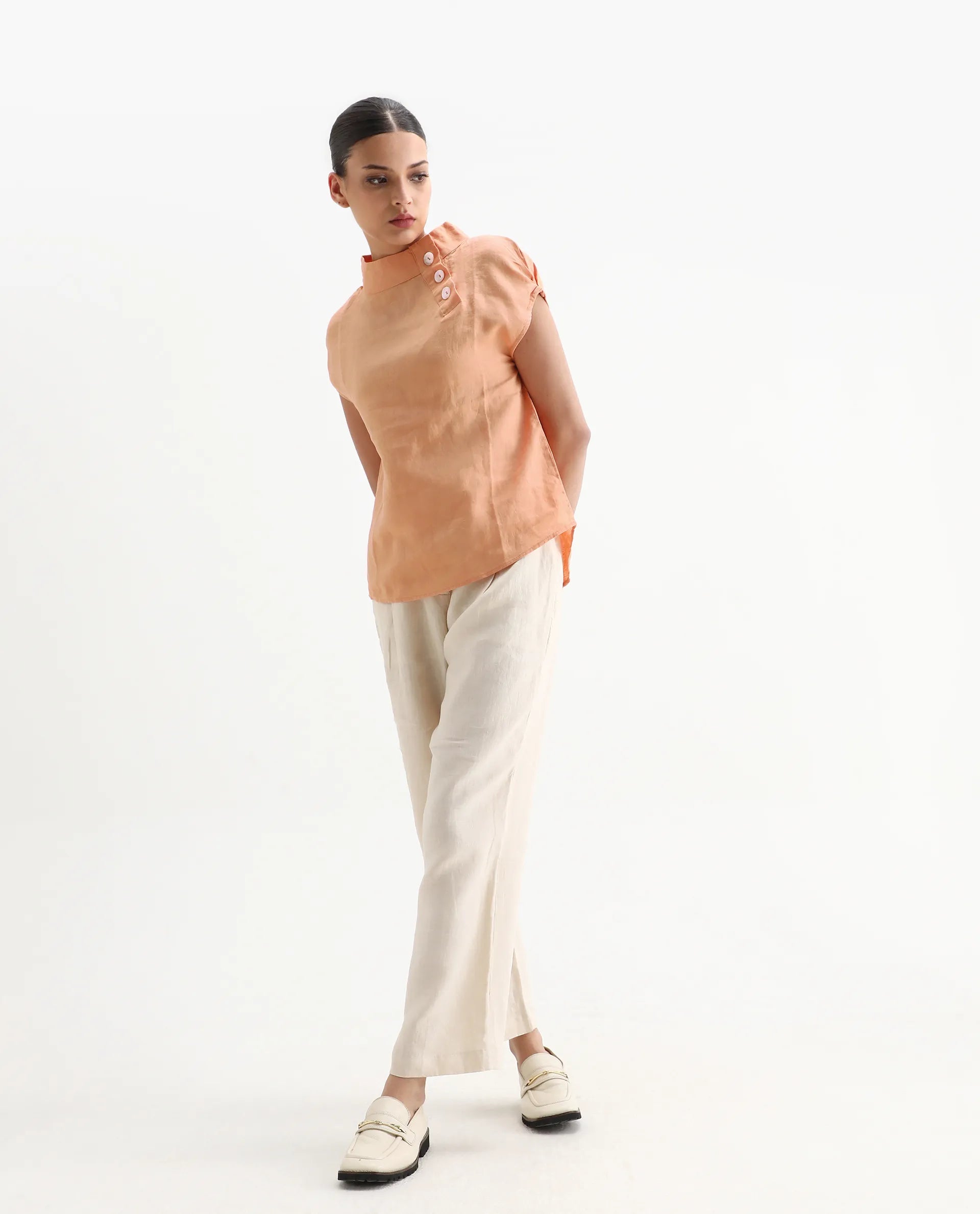 Rareism Women's Kavier Orange Linen High Neck Plain Regular Fit Top