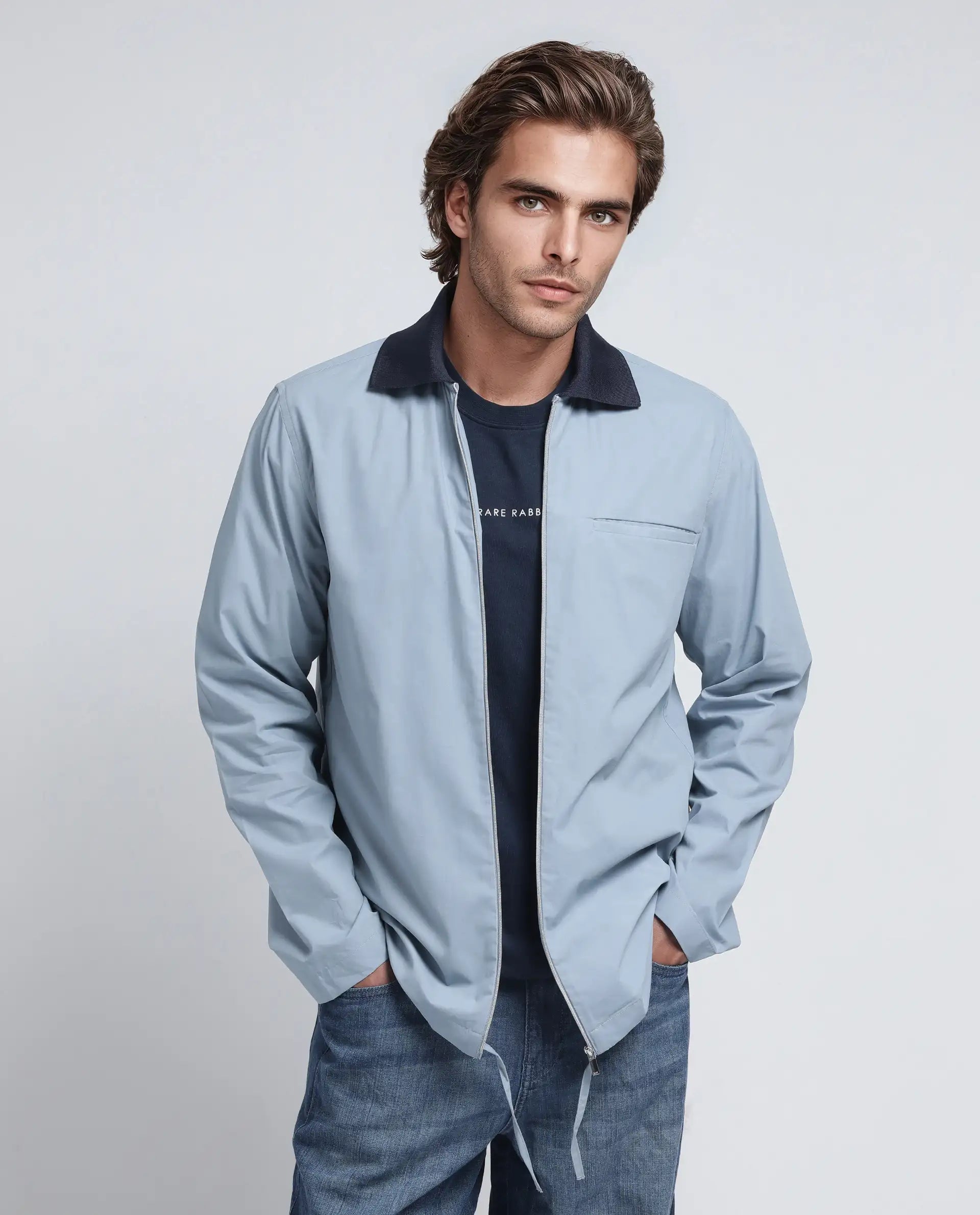 Rare Rabbit Men's Kax Light Blue Cotton Fabric Full Sleeve Spread Collar Zipper Closure Relaxed Fit Plain Shirt