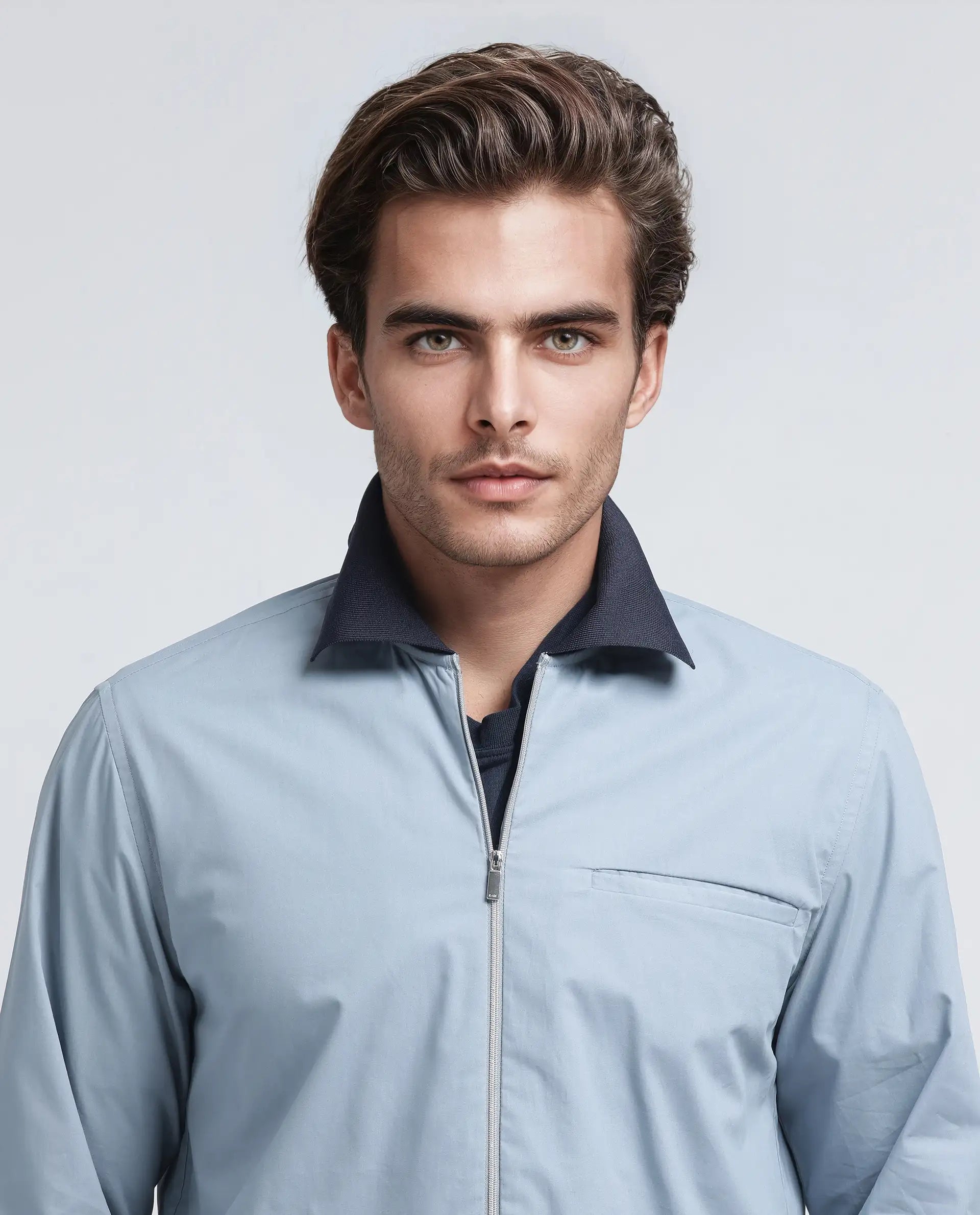 Rare Rabbit Men's Kax Light Blue Cotton Fabric Full Sleeve Spread Collar Zipper Closure Relaxed Fit Plain Shirt