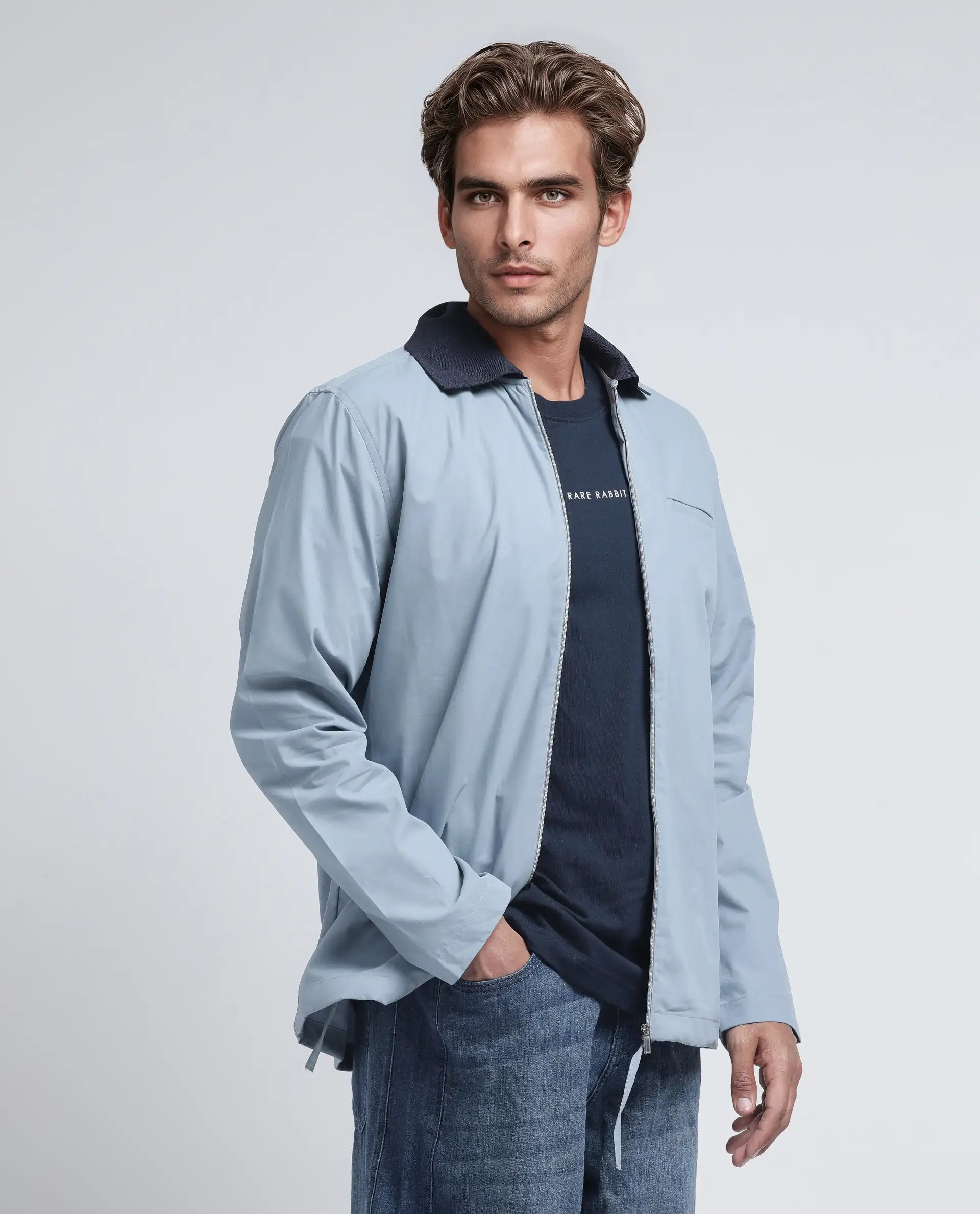 Rare Rabbit Men's Kax Light Blue Cotton Fabric Full Sleeve Spread Collar Zipper Closure Relaxed Fit Plain Shirt
