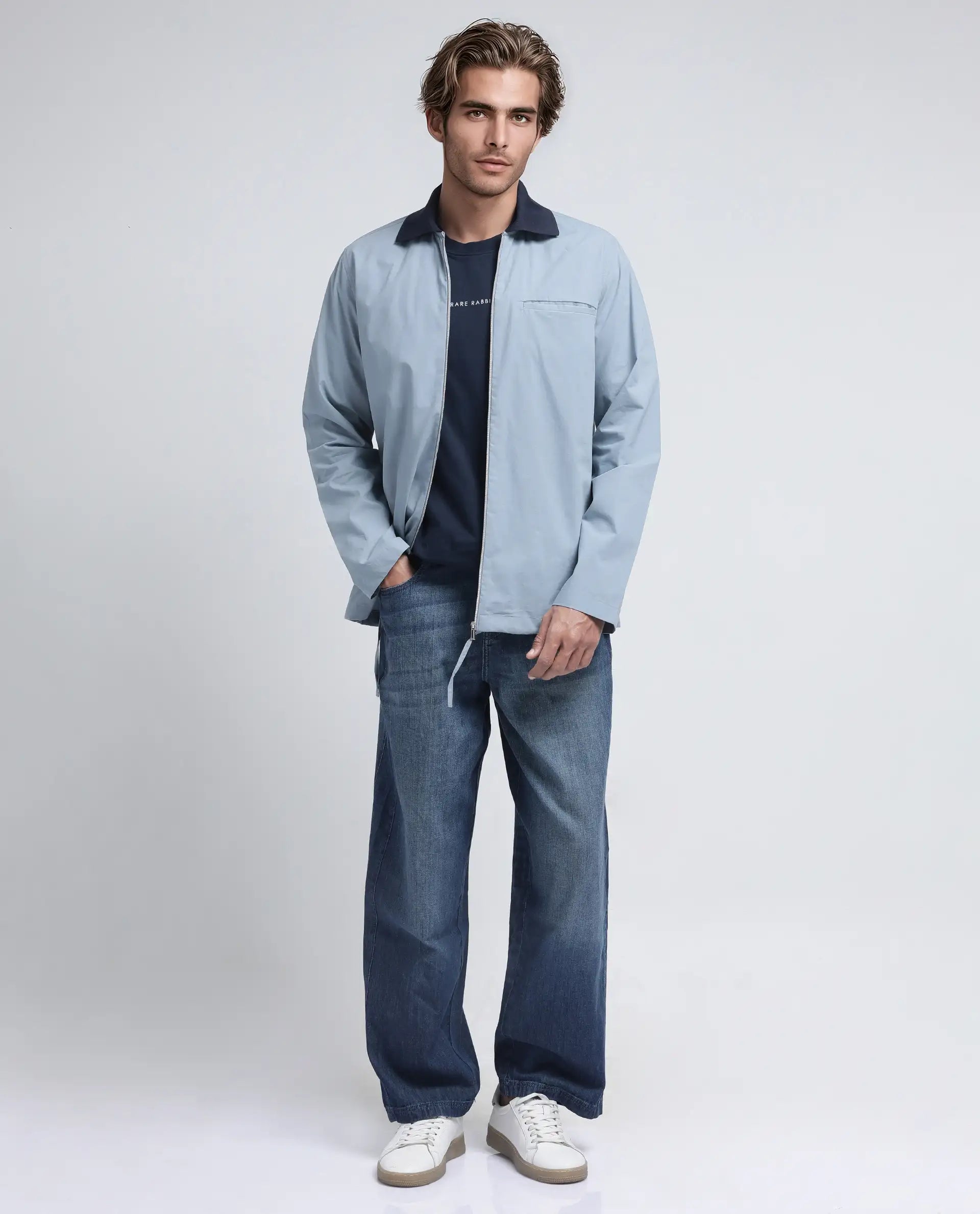 Rare Rabbit Men's Kax Light Blue Cotton Fabric Full Sleeve Spread Collar Zipper Closure Relaxed Fit Plain Shirt