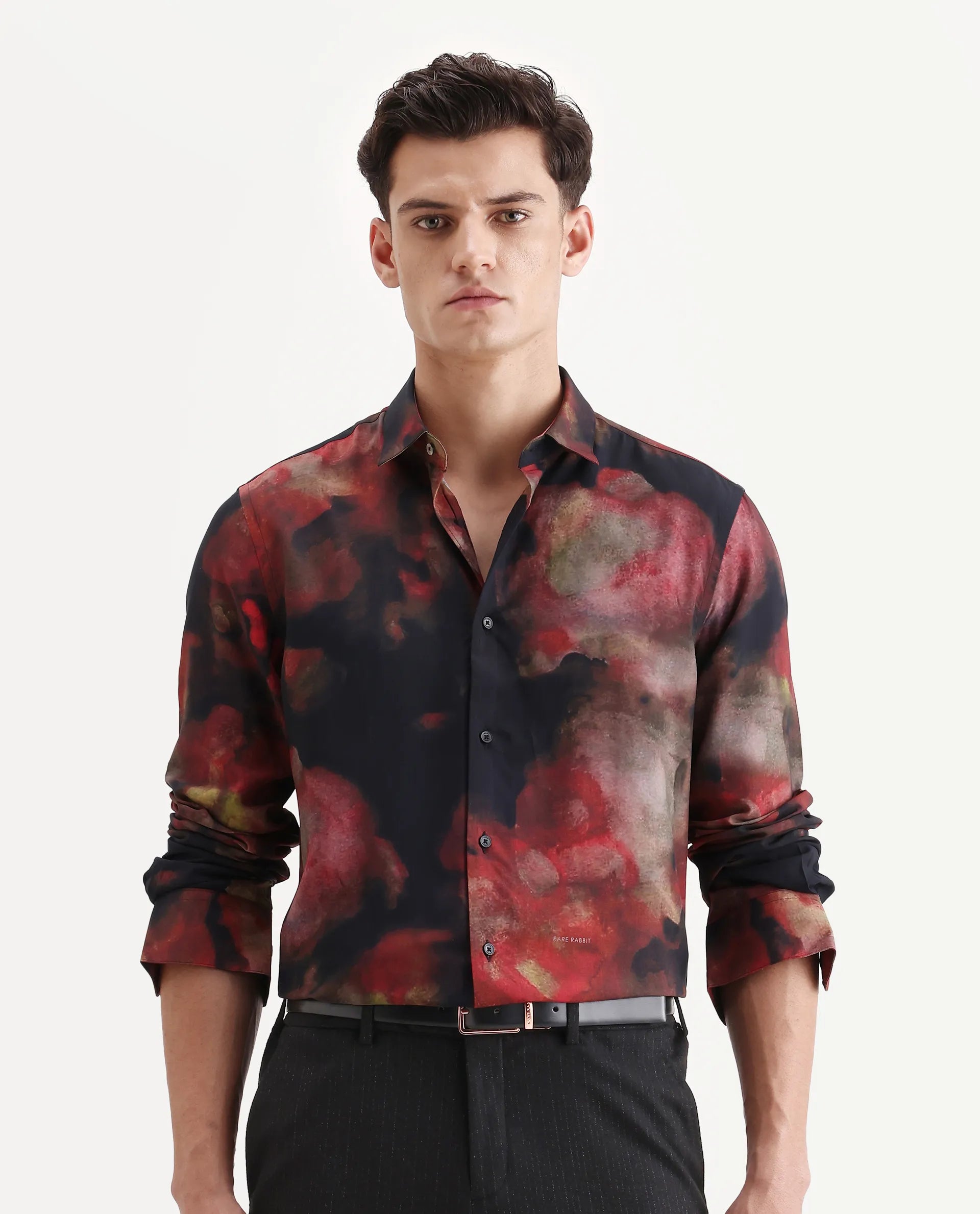 Rare Rabbit Men's Kaya Dark Red Viscose Fabric Collared Neck Regular Fit Abstract Print Shirt