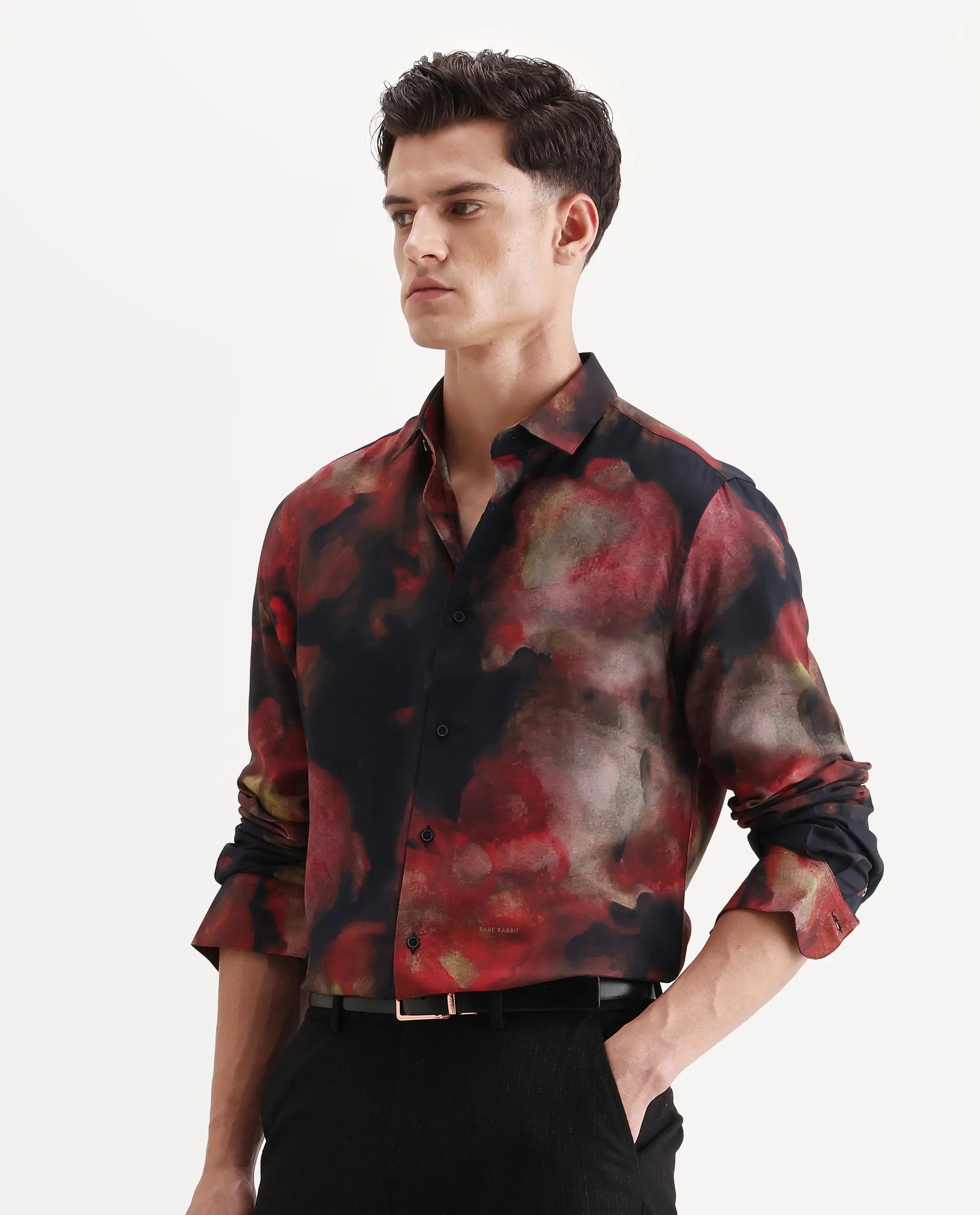 Rare Rabbit Men's Kaya Dark Red Viscose Fabric Collared Neck Regular Fit Abstract Print Shirt
