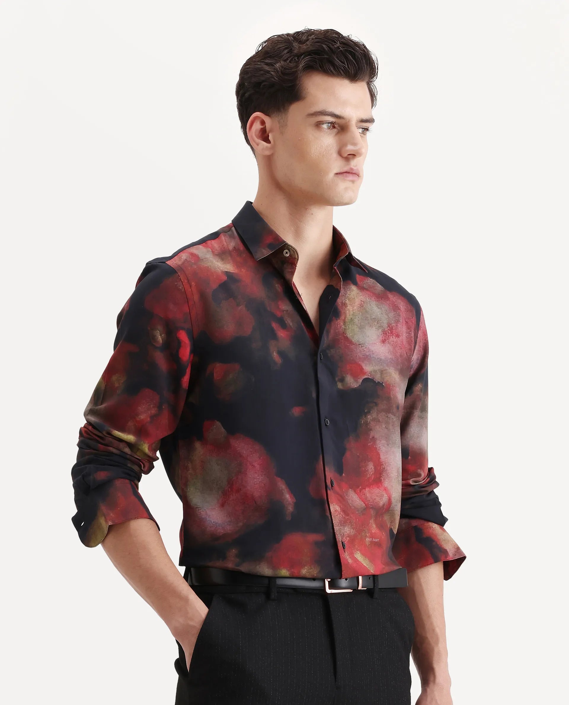 Rare Rabbit Men's Kaya Dark Red Viscose Fabric Collared Neck Regular Fit Abstract Print Shirt