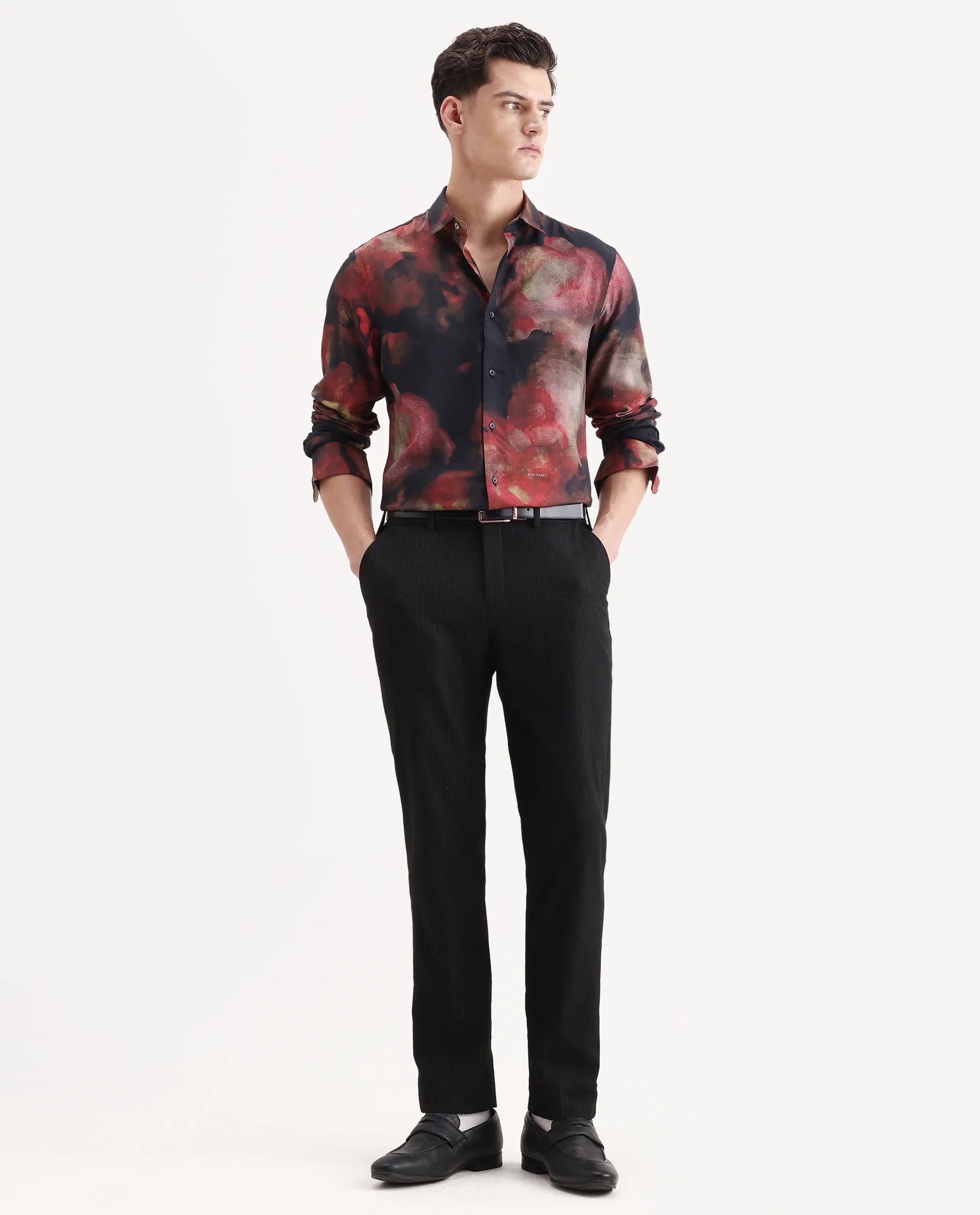 Rare Rabbit Men's Kaya Dark Red Viscose Fabric Collared Neck Regular Fit Abstract Print Shirt
