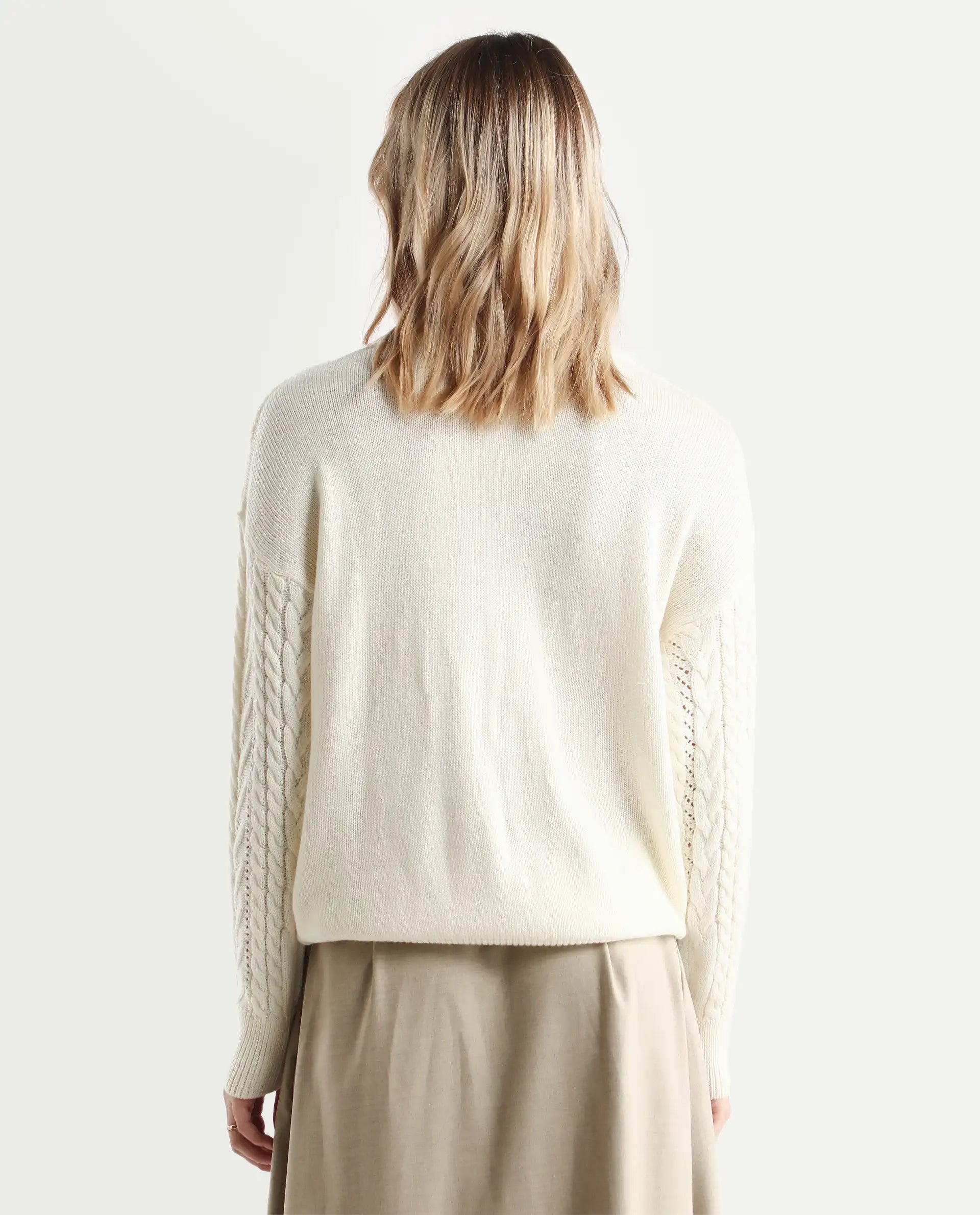 Rareism Women's Kaya Off White Acrylic Crew Neck Plain Regular Fit Sweater