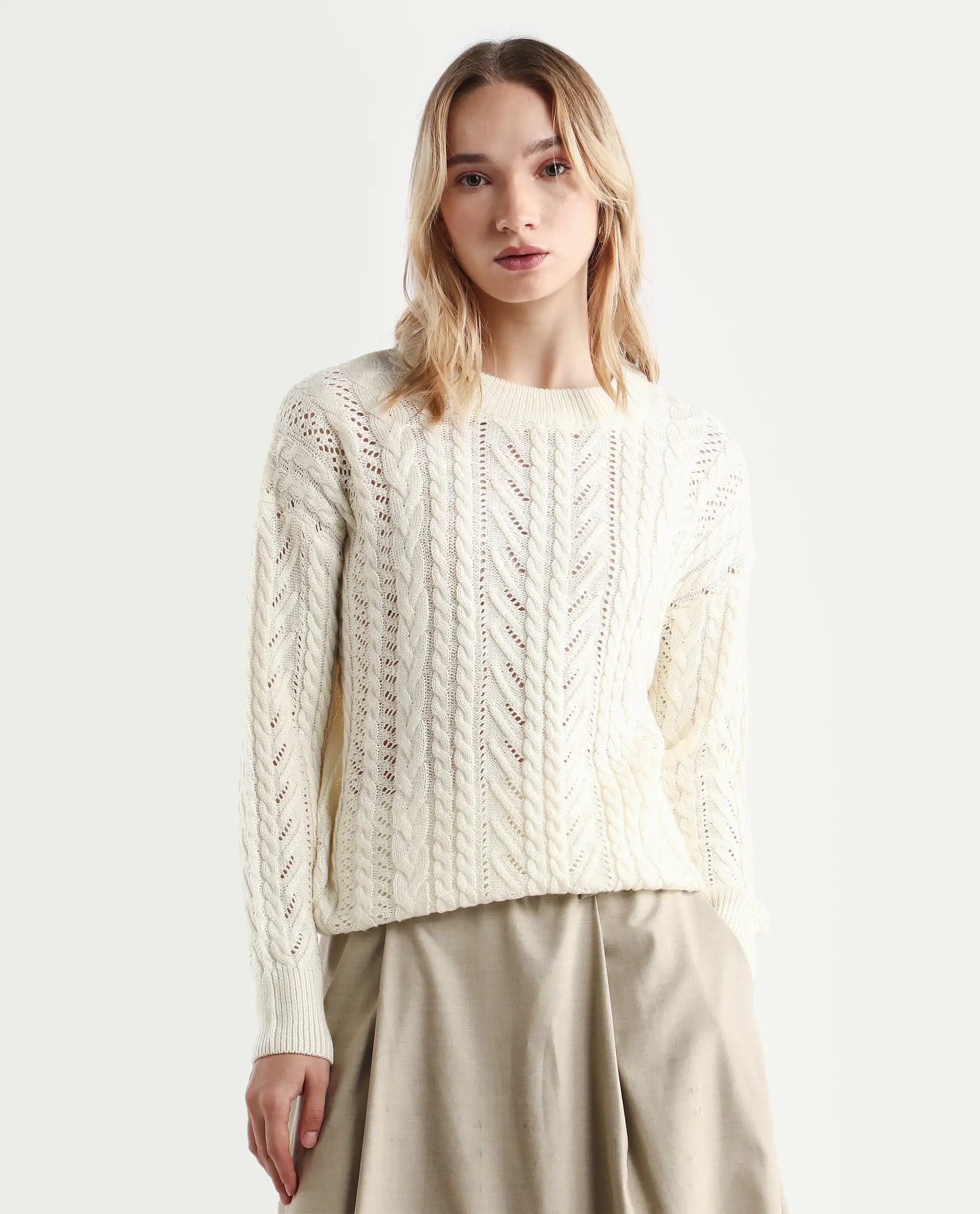 Rareism Women's Kaya Off White Acrylic Crew Neck Plain Regular Fit Sweater