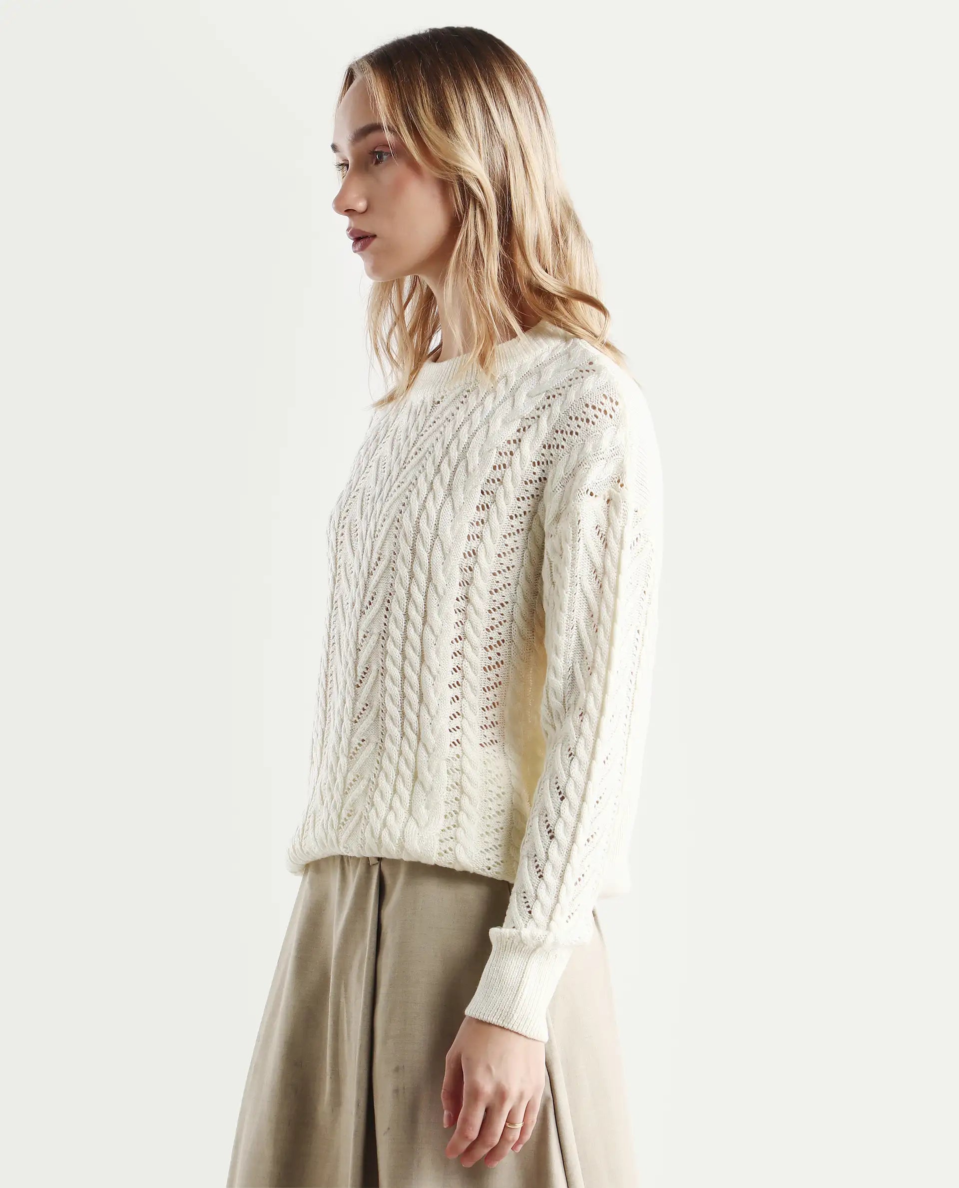 Rareism Women's Kaya Off White Acrylic Crew Neck Plain Regular Fit Sweater