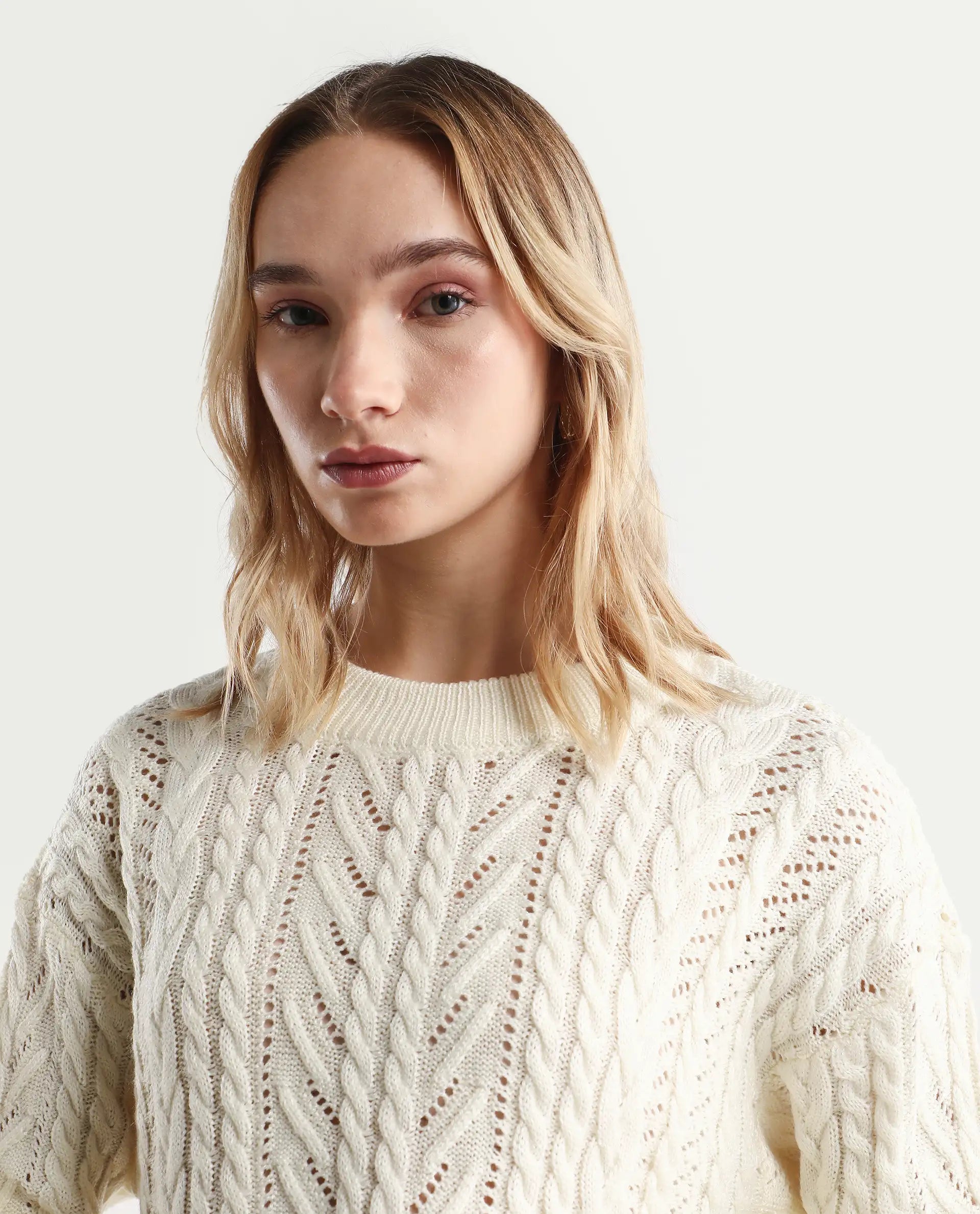 Rareism Women's Kaya Off White Acrylic Crew Neck Plain Regular Fit Sweater