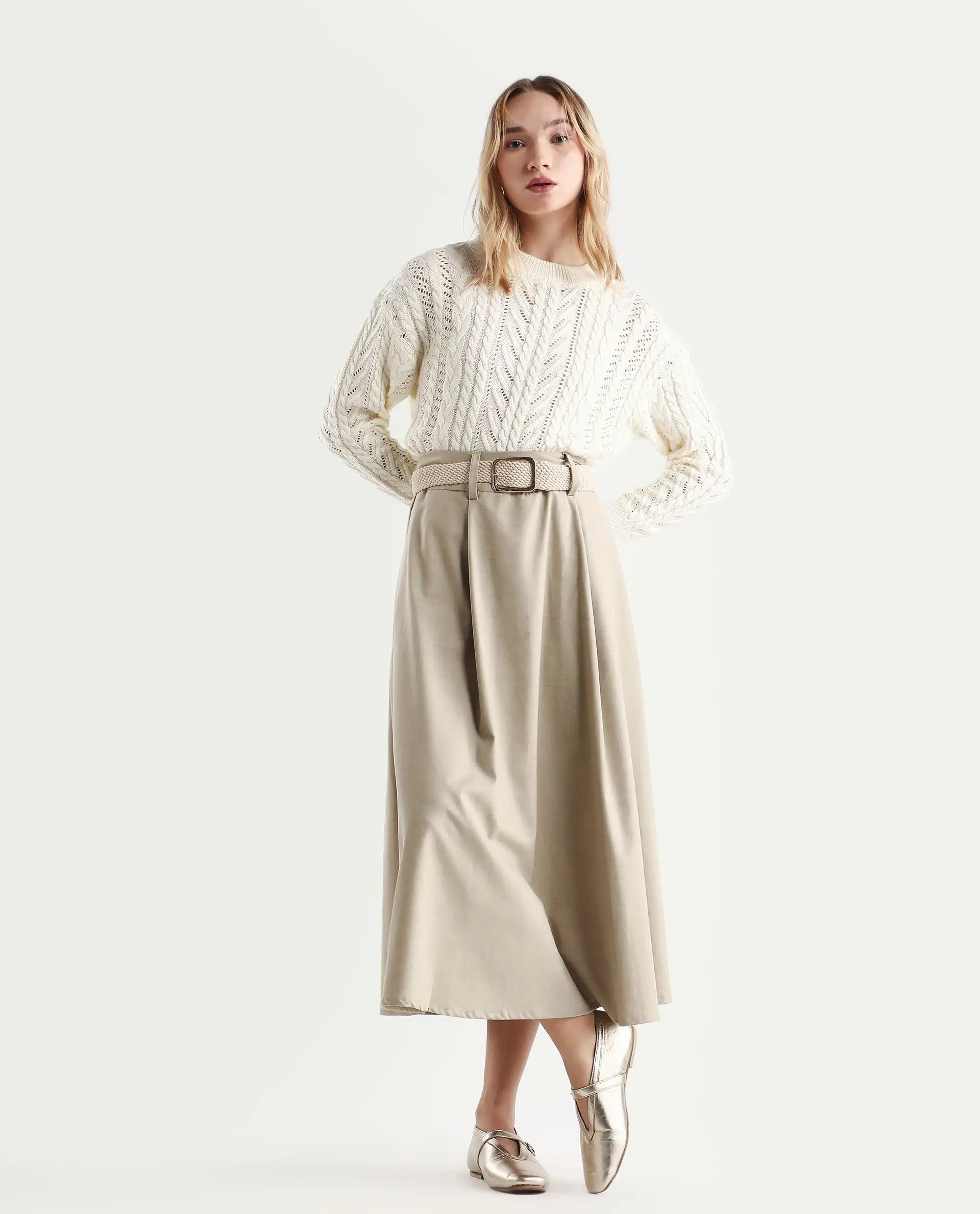 Rareism Women's Kaya Off White Acrylic Crew Neck Plain Regular Fit Sweater