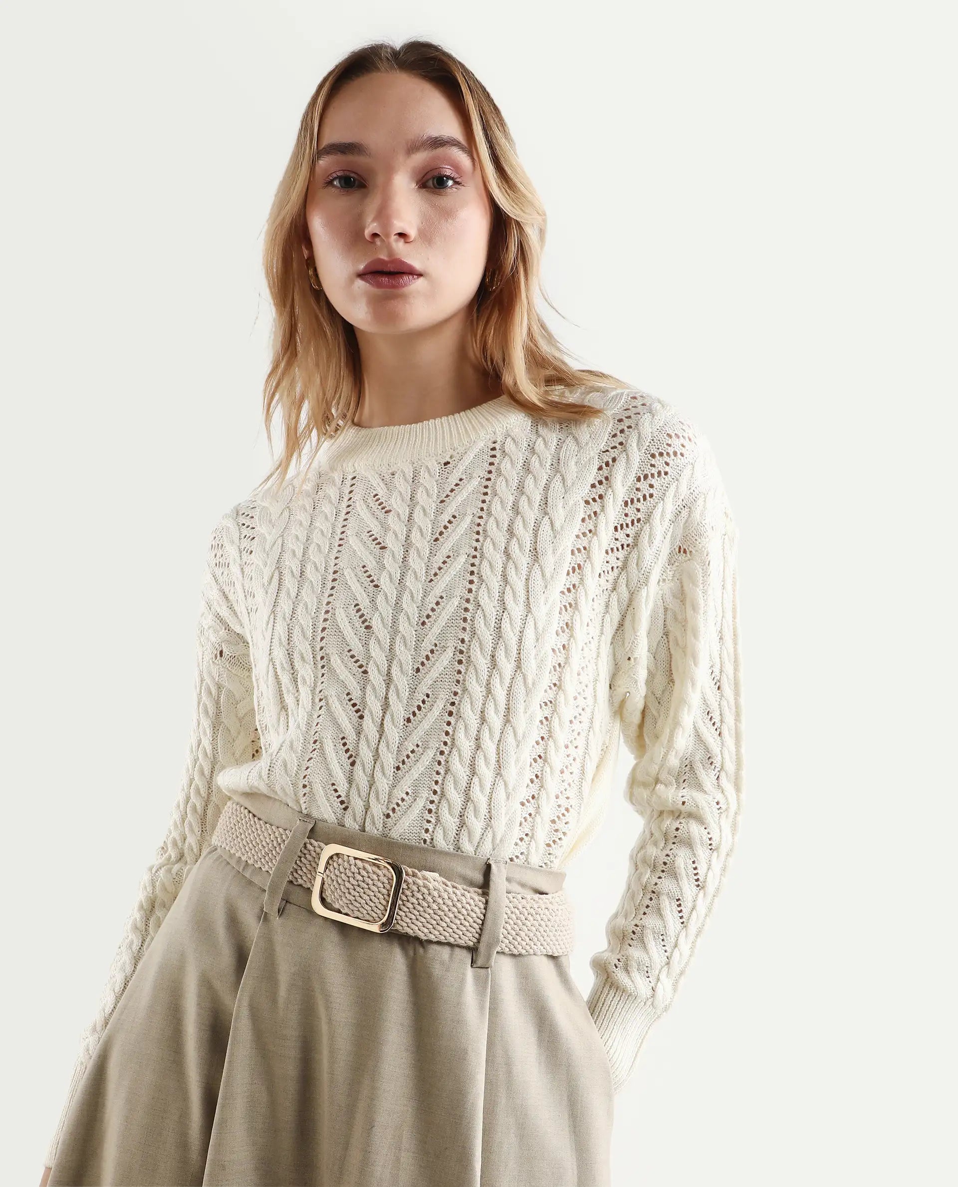 Rareism Women's Kaya Off White Acrylic Crew Neck Plain Regular Fit Sweater