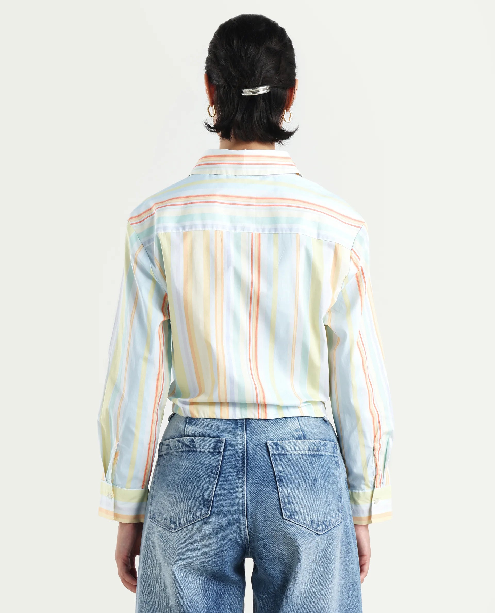 Rareism Women's Kaylae Light Multi Cotton Blend Drop Collar Striped Cuffed Sleeve Crop Regular Fit Top