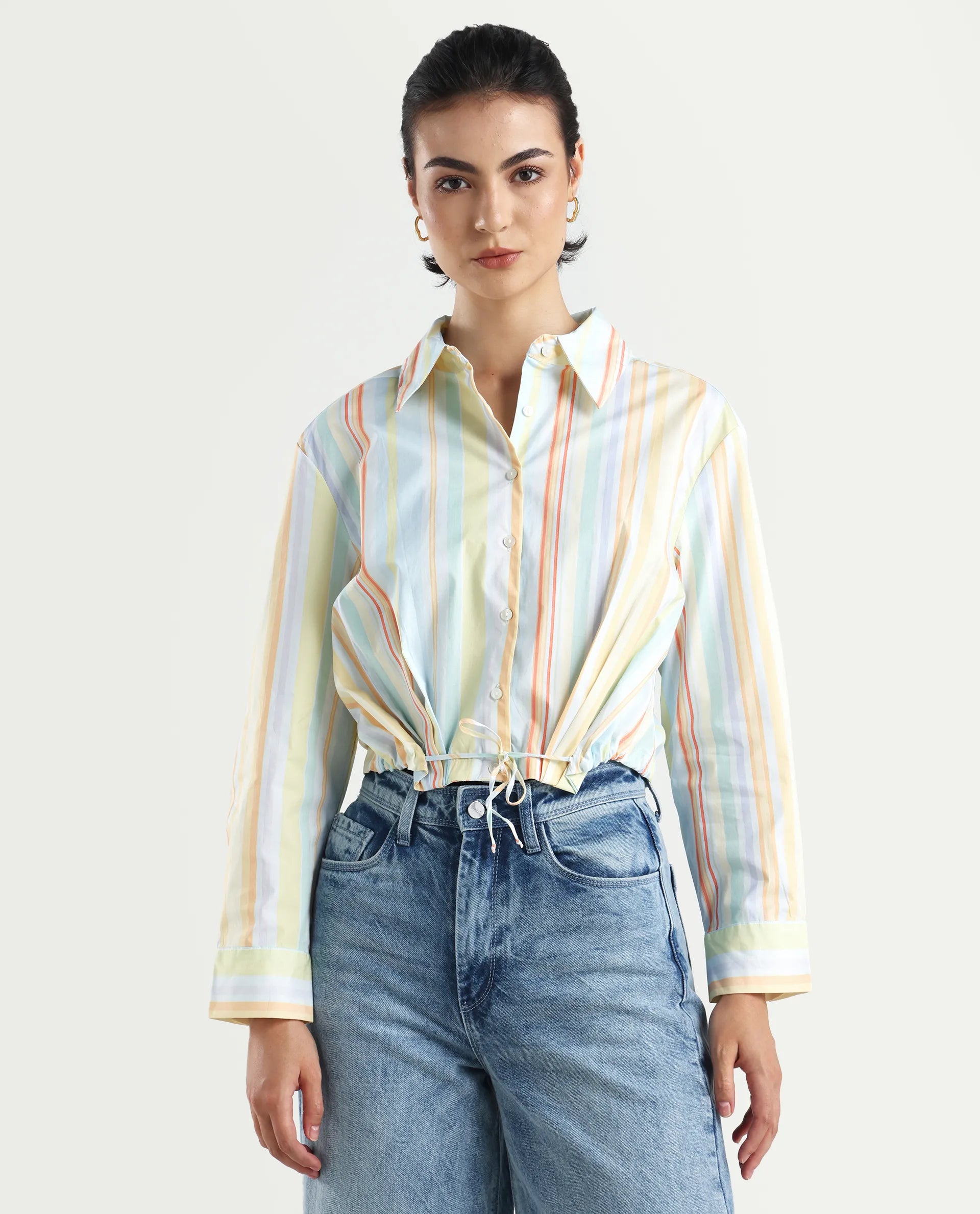 Rareism Women's Kaylae Light Multi Cotton Blend Drop Collar Striped Cuffed Sleeve Crop Regular Fit Top