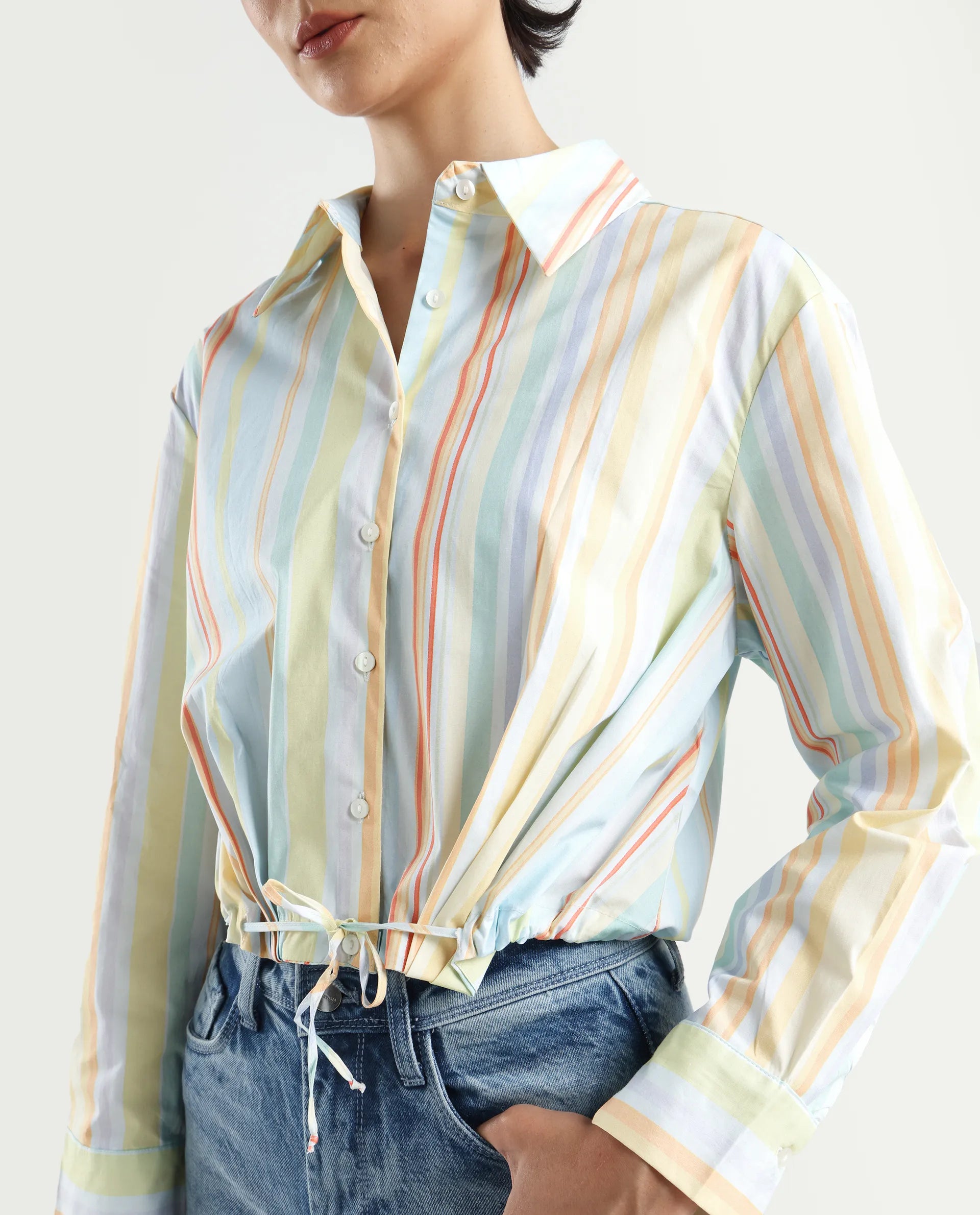 Rareism Women's Kaylae Light Multi Cotton Blend Drop Collar Striped Cuffed Sleeve Crop Regular Fit Top