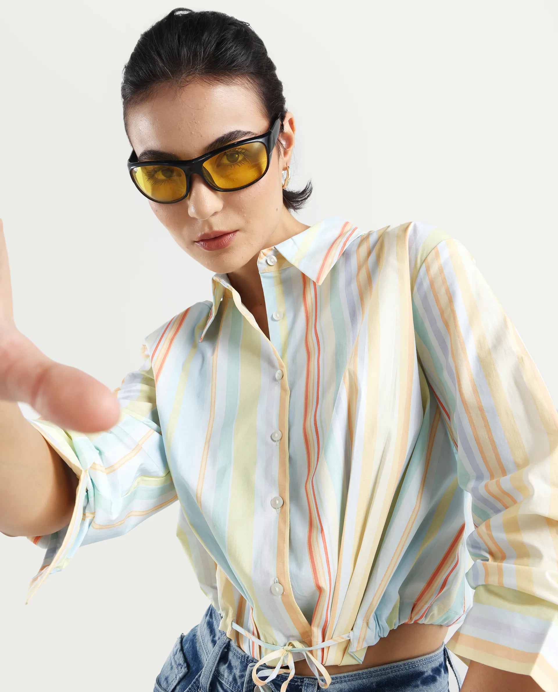 Rareism Women's Kaylae Light Multi Cotton Blend Drop Collar Striped Cuffed Sleeve Crop Regular Fit Top