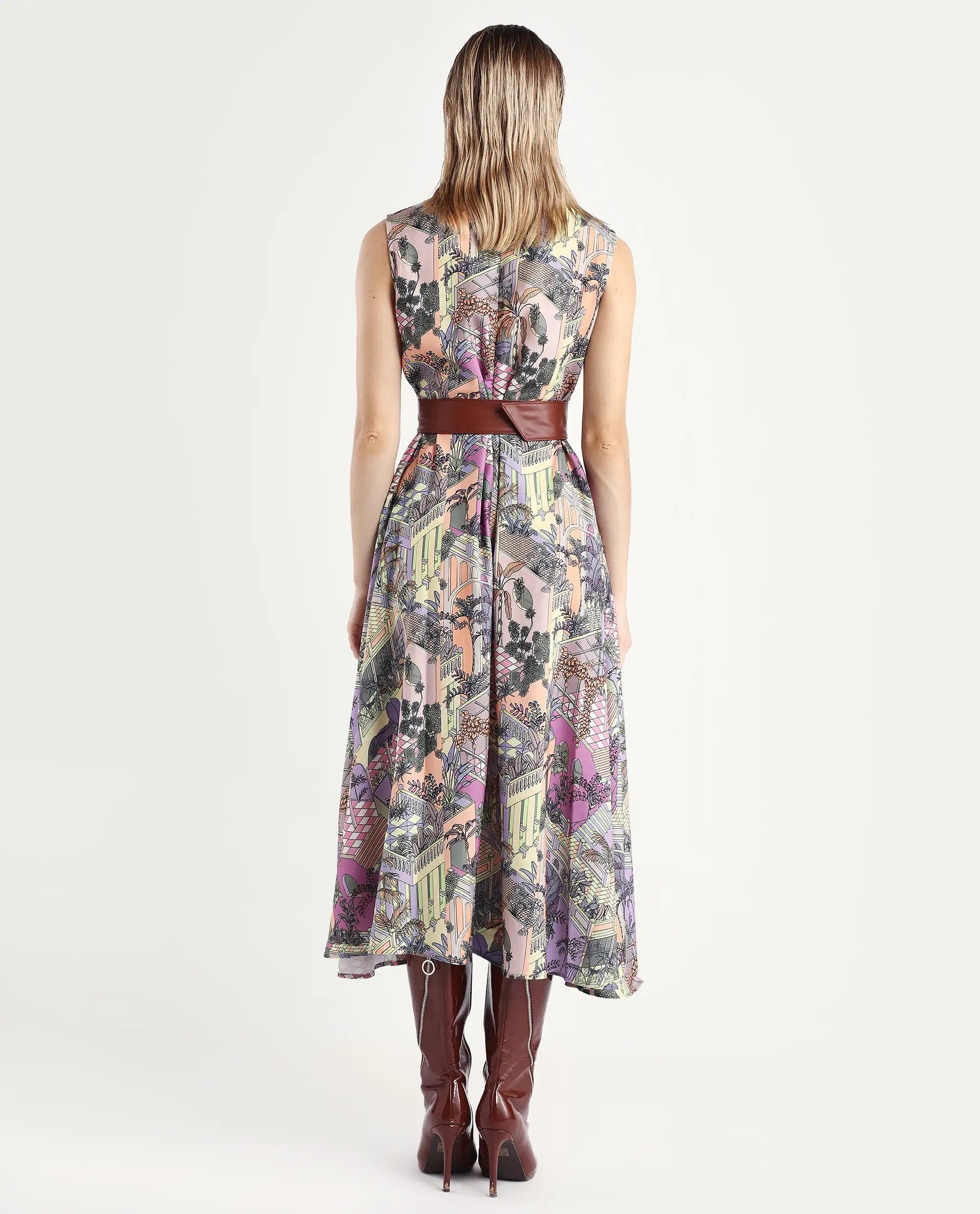 Rareism Women's Kaylee Multi Polyester Crew Neck Graphic Print Sleeveless Maxi Fit And Flare Dress