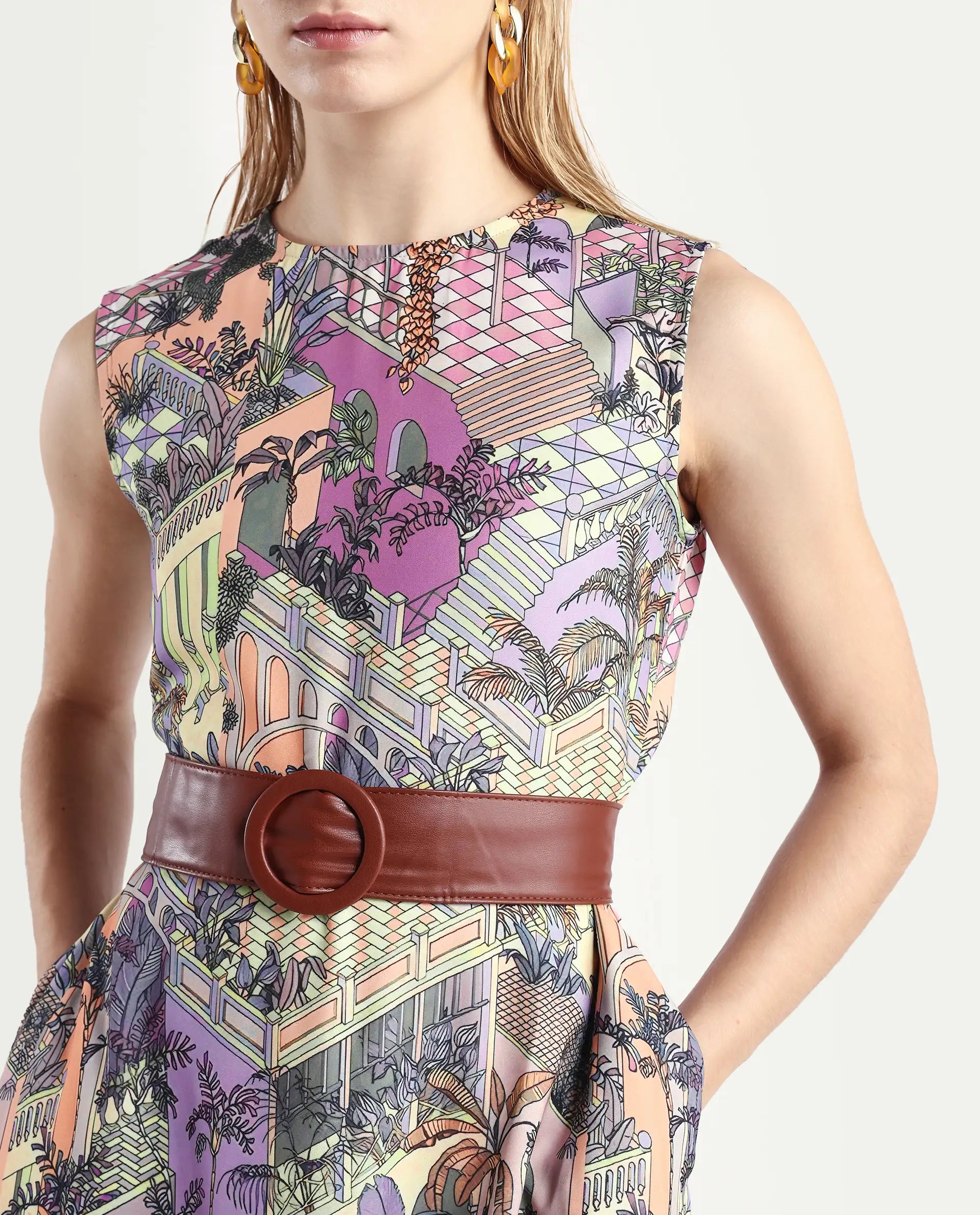 Rareism Women's Kaylee Multi Polyester Crew Neck Graphic Print Sleeveless Maxi Fit And Flare Dress