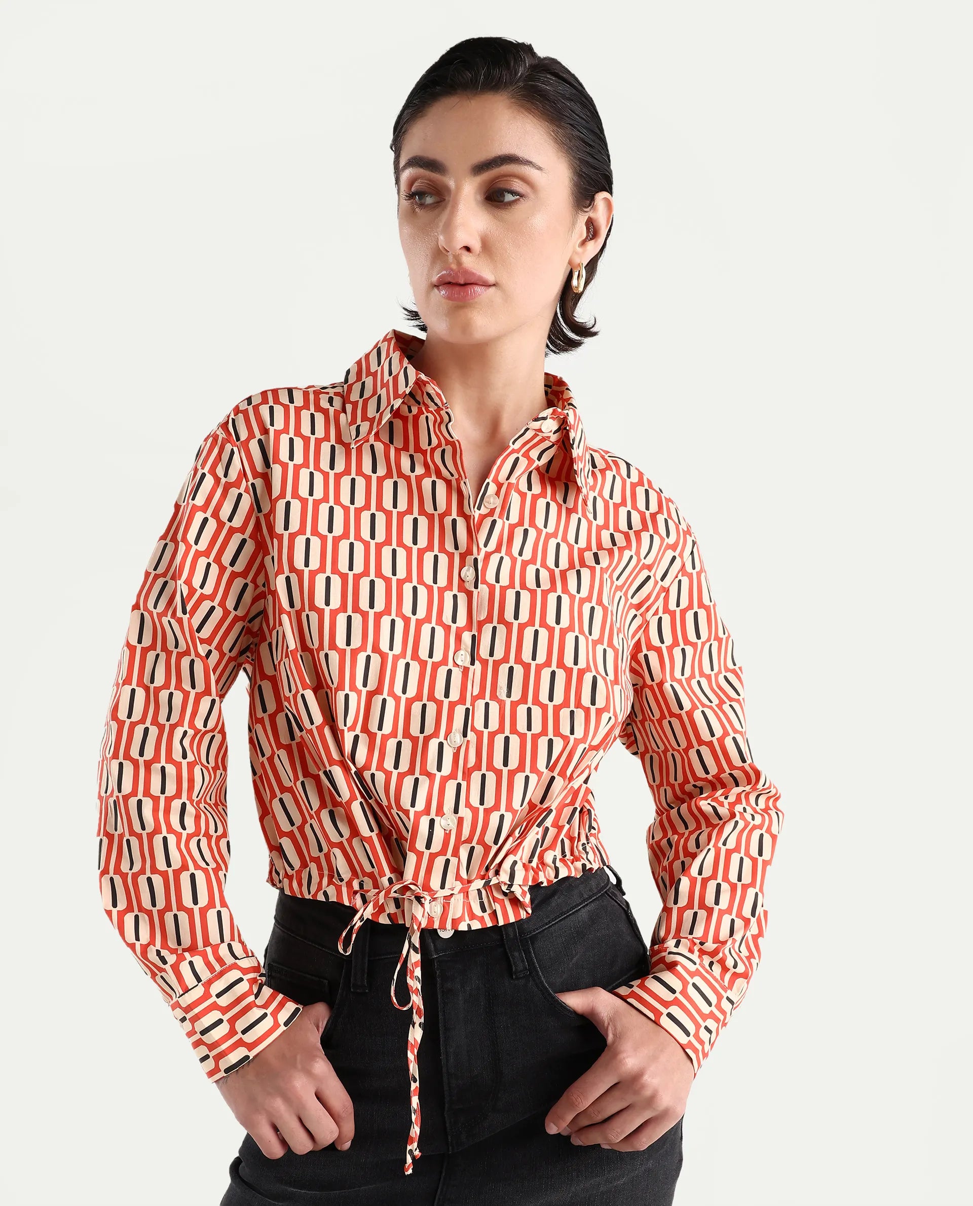 Rareism Women's Kayline Multi Cotton Blend Drop Collar Geometric Print Cuffed Sleeve Crop Regular Fit Top