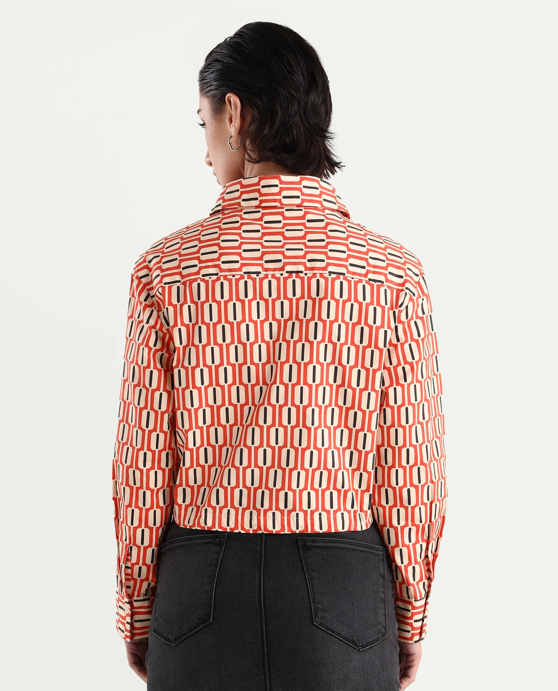 Rareism Women's Kayline Multi Cotton Blend Drop Collar Geometric Print Cuffed Sleeve Crop Regular Fit Top