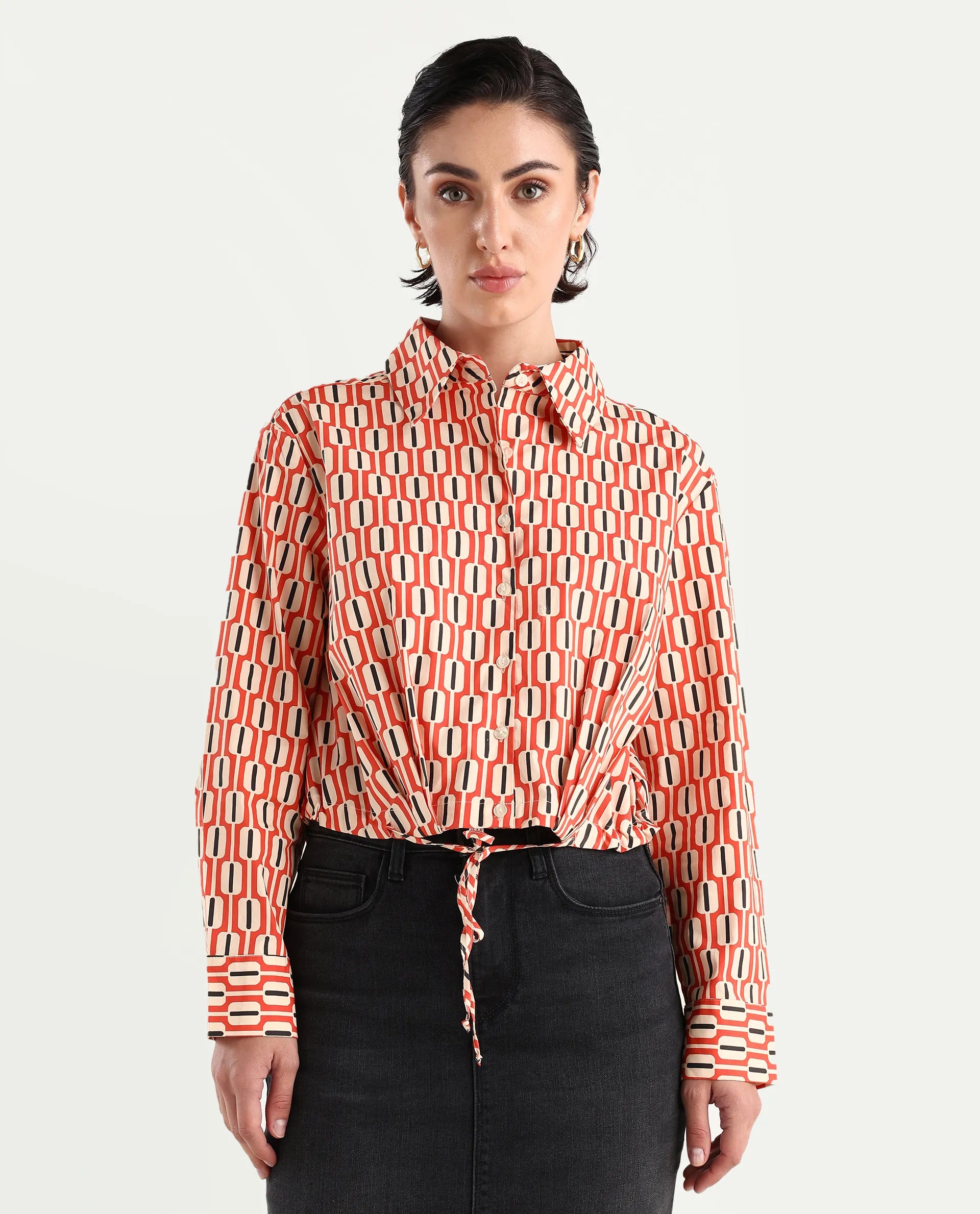 Rareism Women's Kayline Multi Cotton Blend Drop Collar Geometric Print Cuffed Sleeve Crop Regular Fit Top