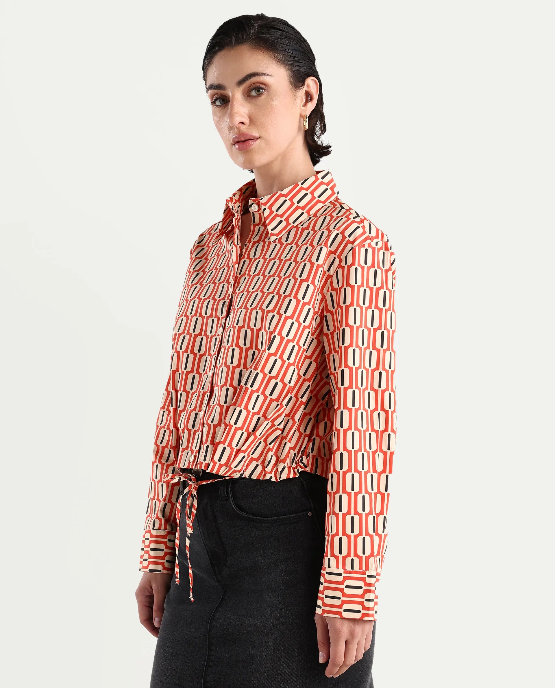 Rareism Women's Kayline Multi Cotton Blend Drop Collar Geometric Print Cuffed Sleeve Crop Regular Fit Top