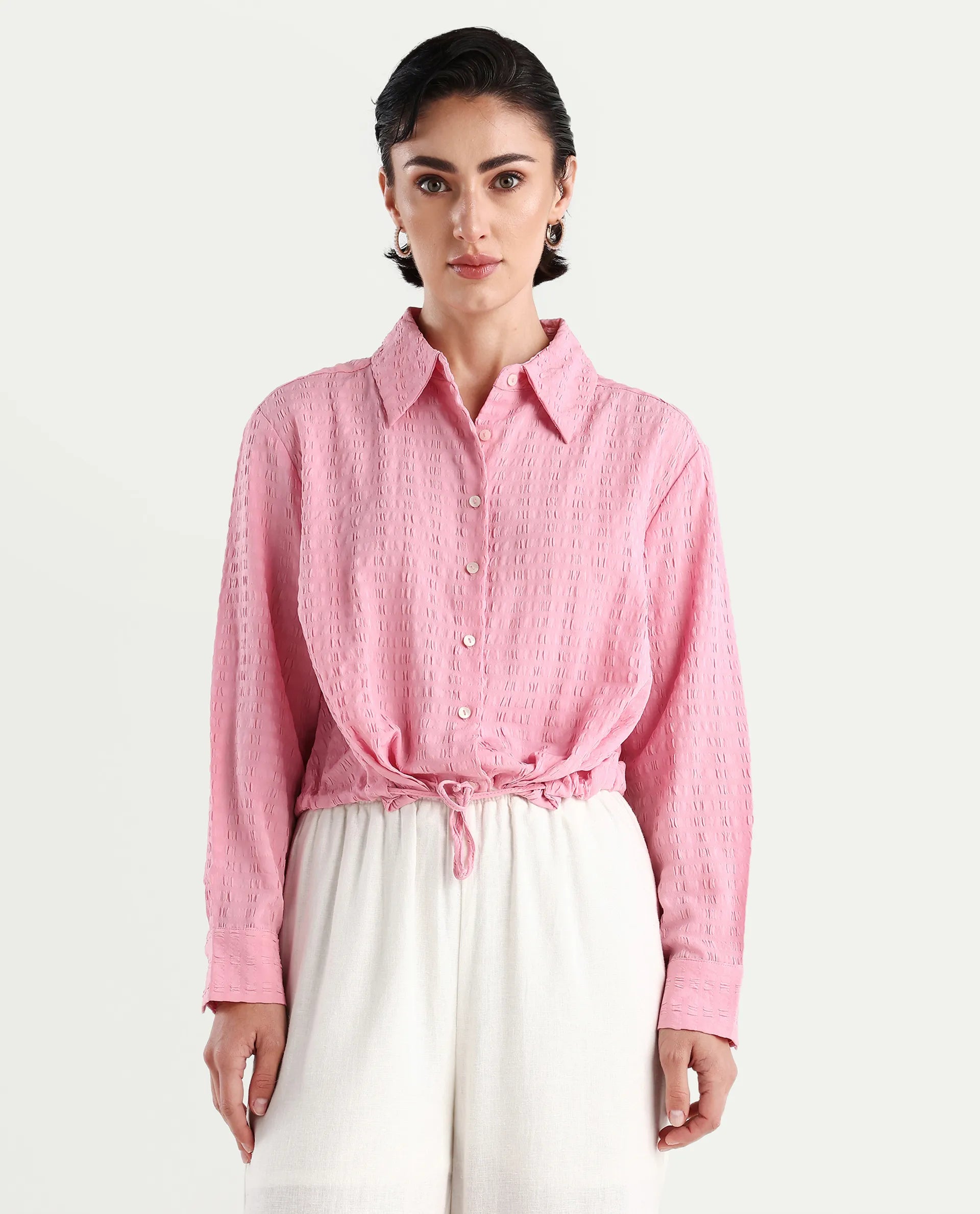Rareism Women's Kaylo Pink Cotton Blend Drop Collar Plain Cuffed Sleeve Crop Regular Fit Top