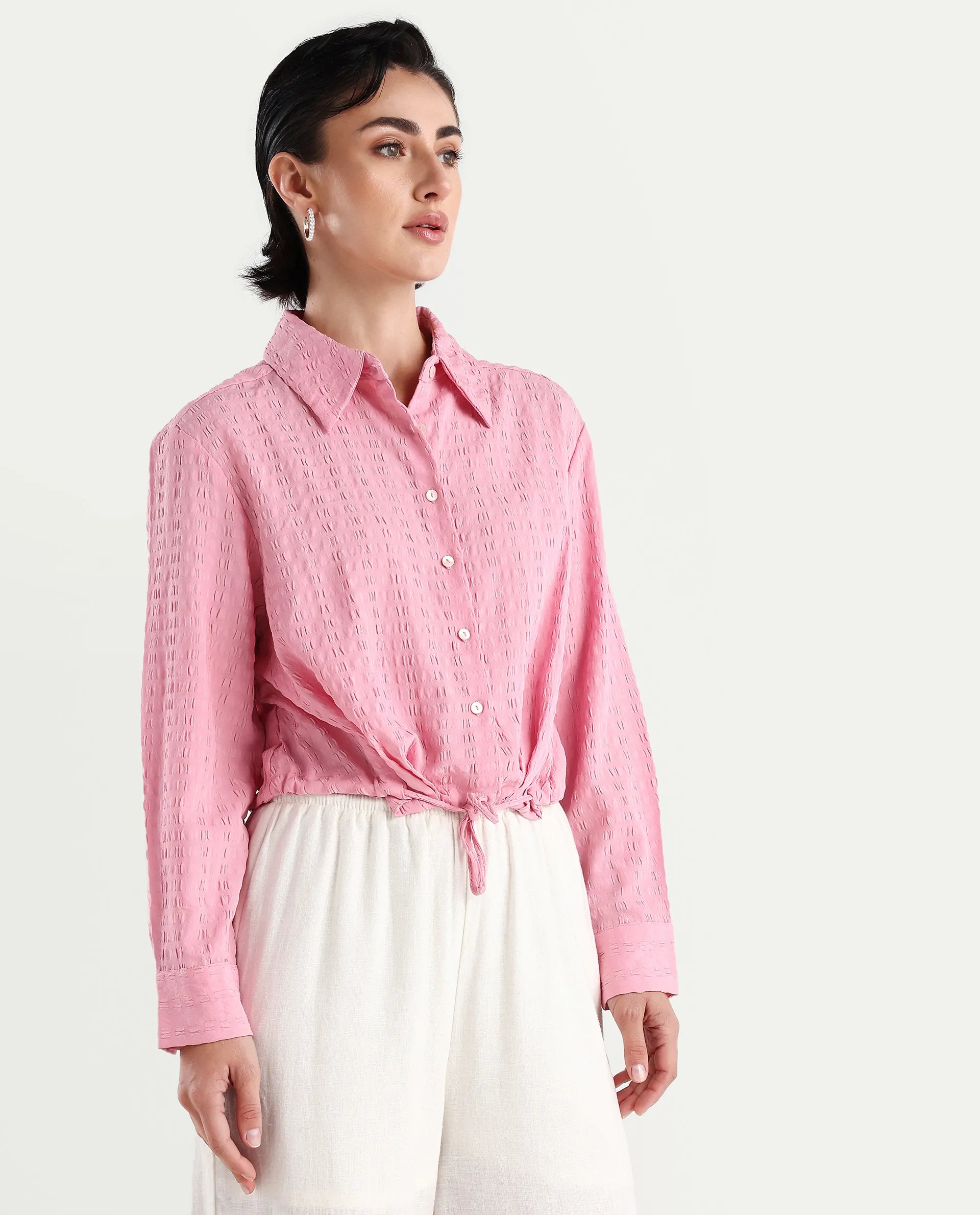 Rareism Women's Kaylo Pink Cotton Blend Drop Collar Plain Cuffed Sleeve Crop Regular Fit Top