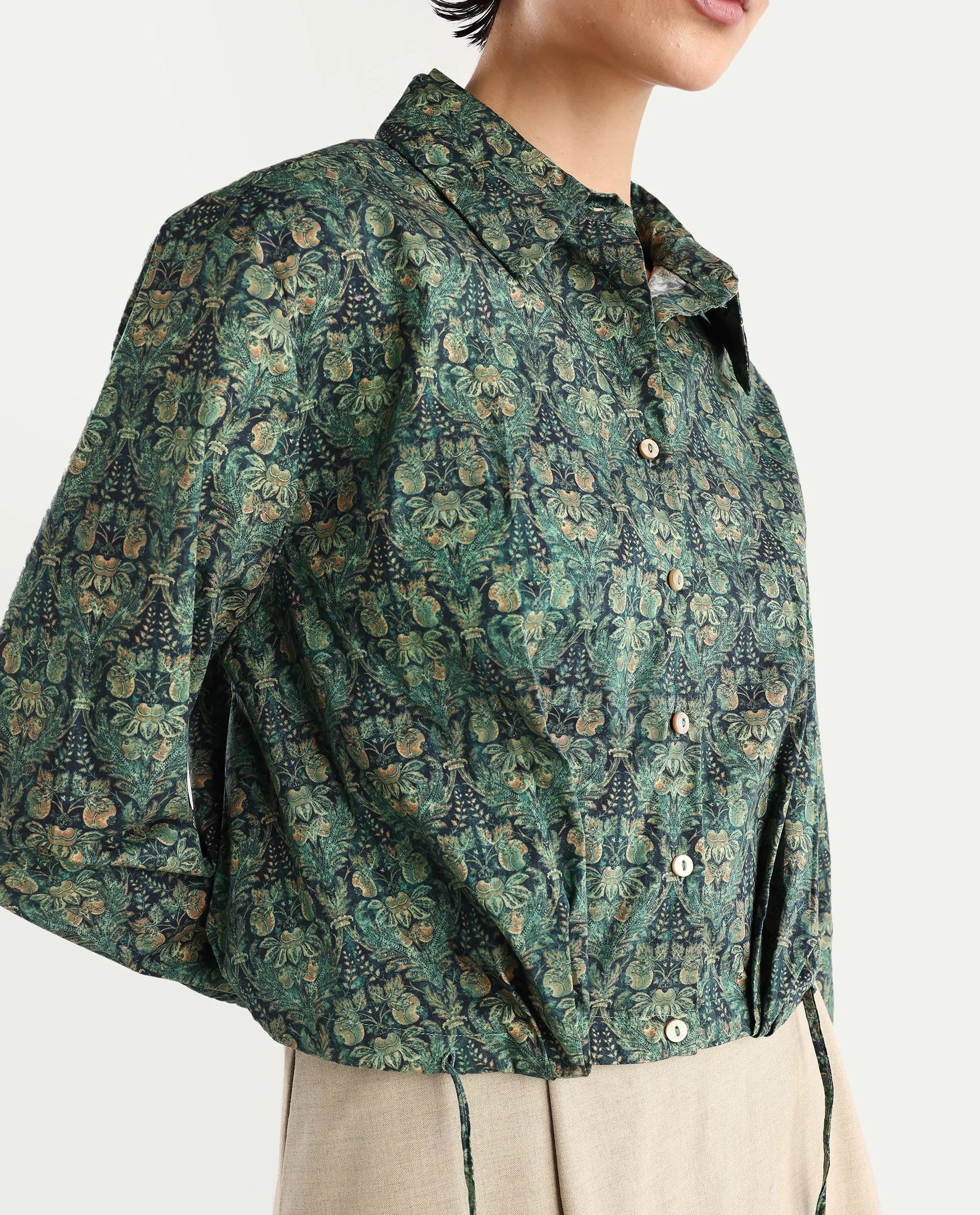 Rareism Women's Kaylu Dark Multi Cotton Blend Drop Collar Abstract Print Cuffed Sleeve Crop Regular Fit Top