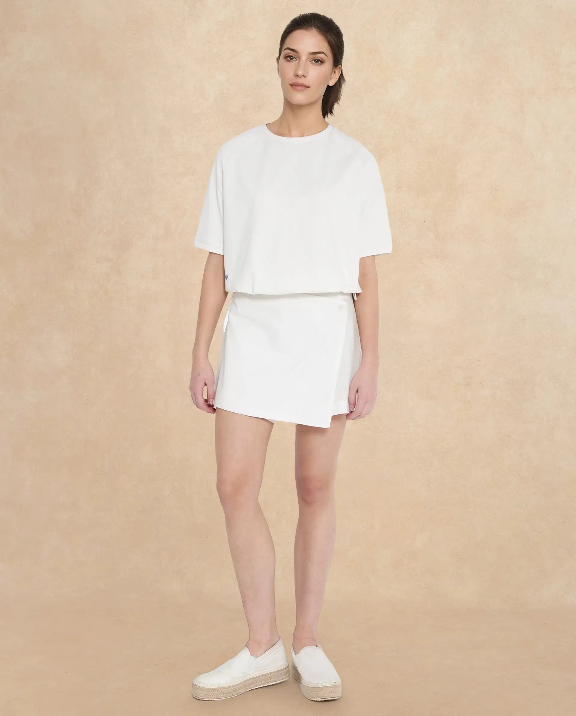 Rareism Women Kay Off White Cotton Lycra Fabric Short Sleeve Crew Neck Graphic Print T-Shirt