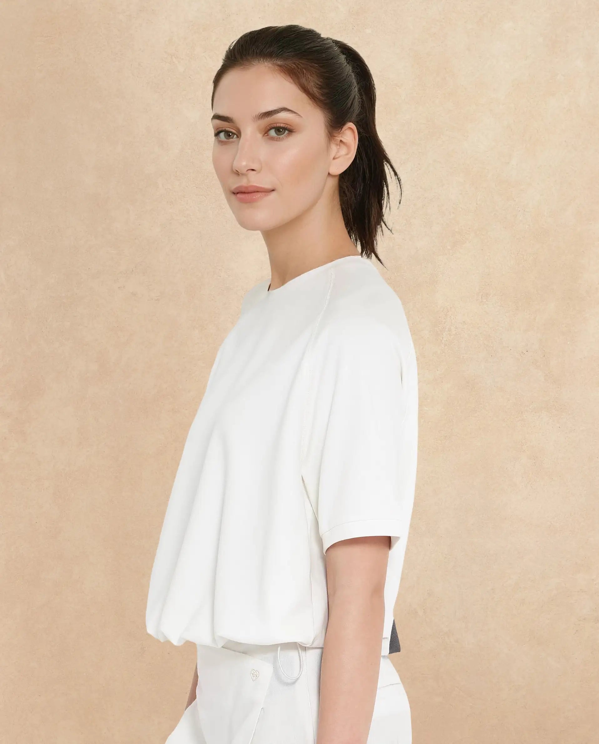 Rareism Women Kay Off White Cotton Lycra Fabric Short Sleeve Crew Neck Graphic Print T-Shirt