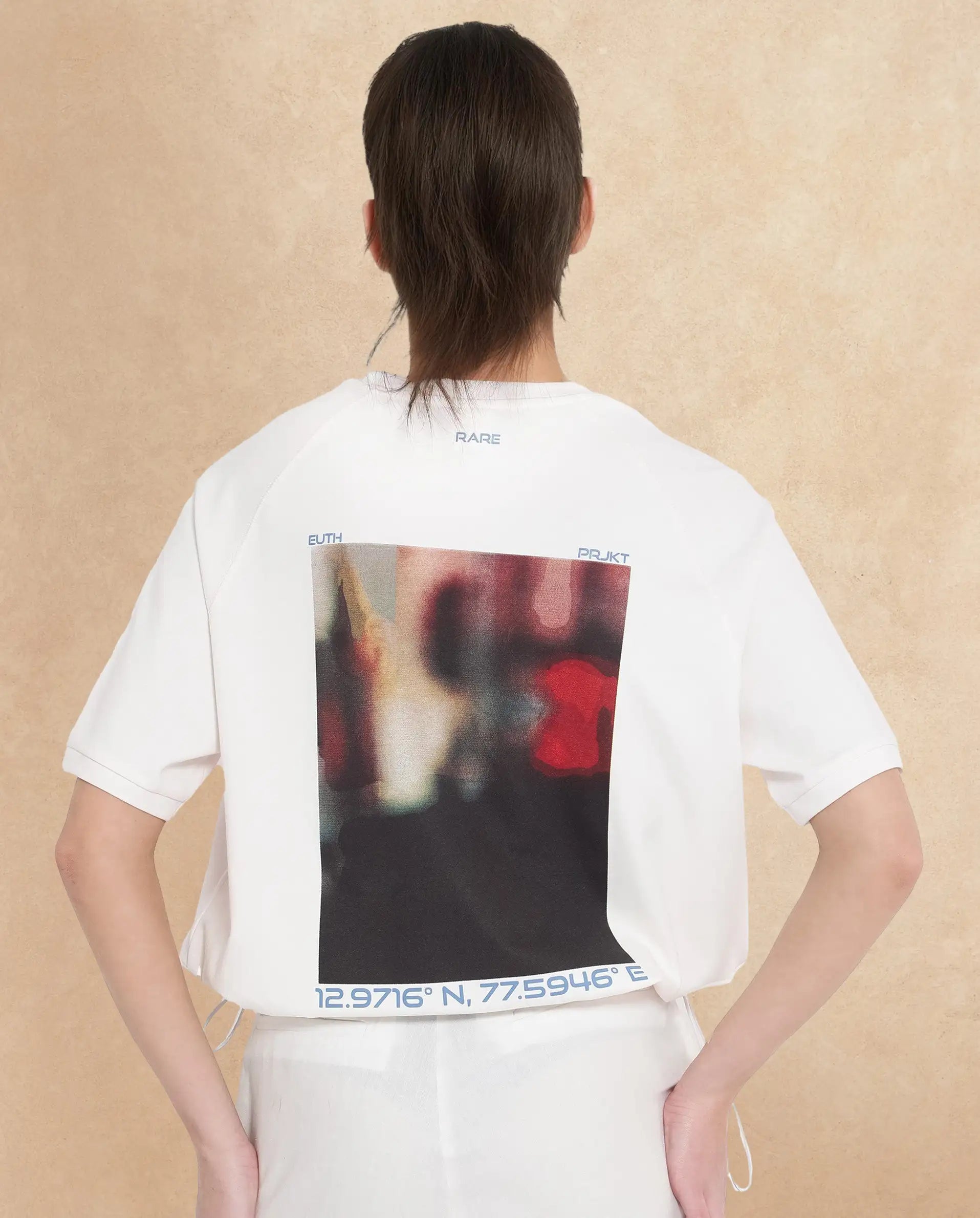 Rareism Women Kay Off White Cotton Lycra Fabric Short Sleeve Crew Neck Graphic Print T-Shirt