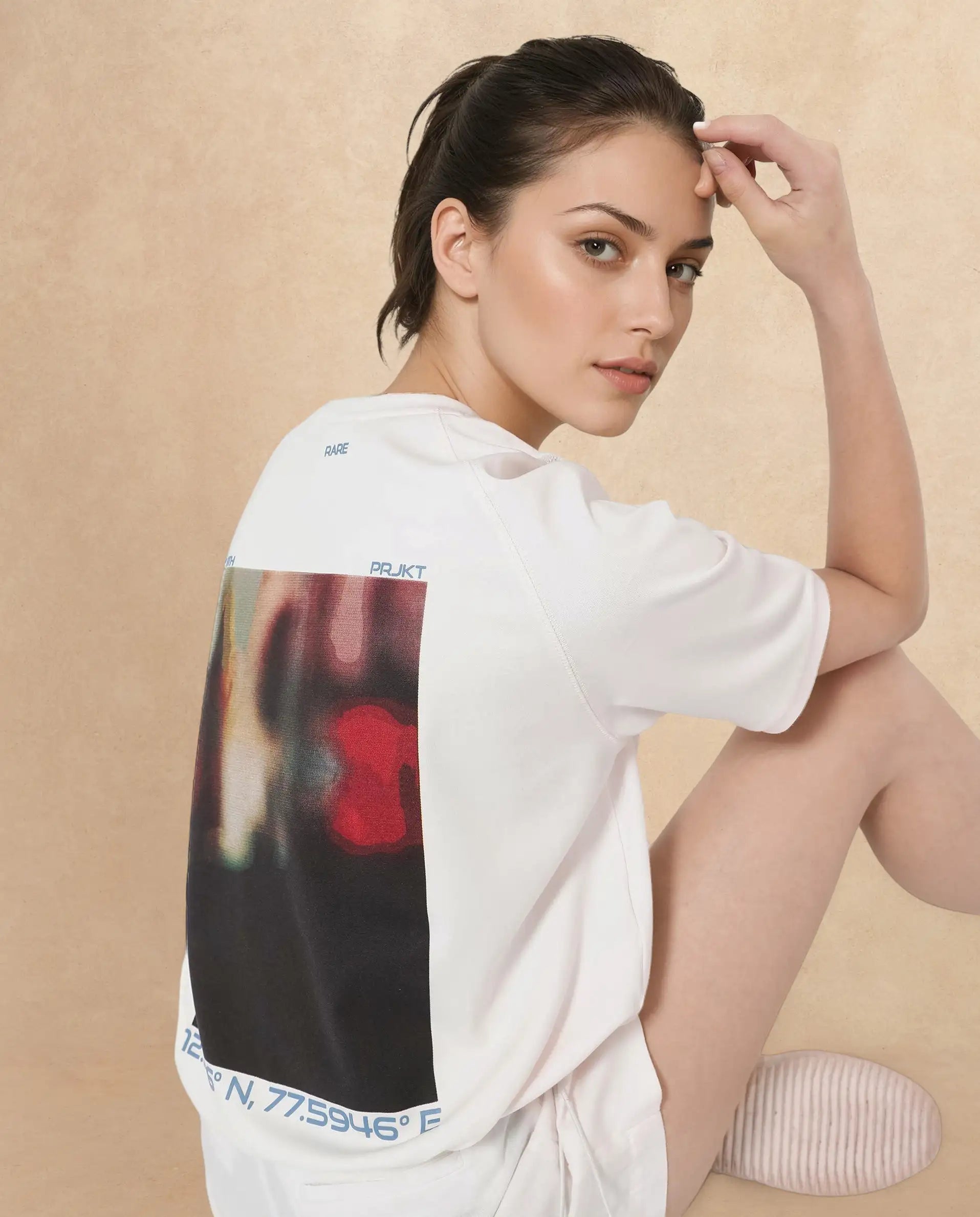 Rareism Women Kay Off White Cotton Lycra Fabric Short Sleeve Crew Neck Graphic Print T-Shirt