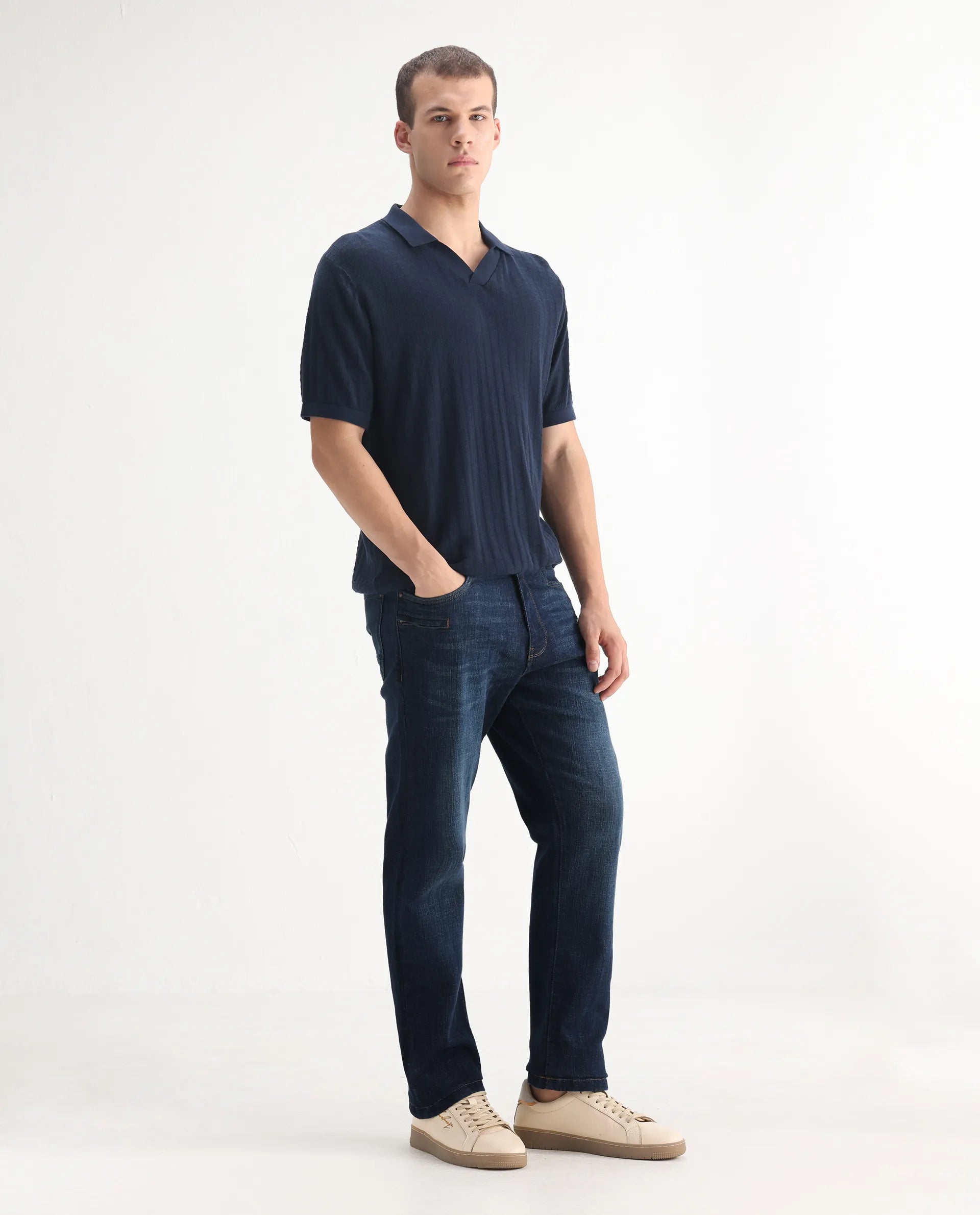 Rare Rabbit Men's Kazi Dark Blue Cotton Plain Morris Regular Fit Jeans