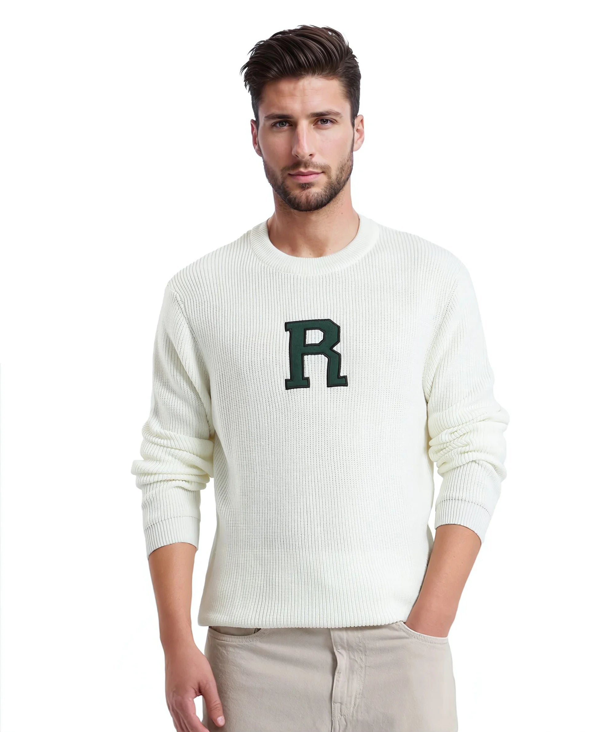 Rare Rabbit Men's Kazu Off White Cotton Fabric Full Sleeve Crew Neck Regular Fit Applique Logo Sweater