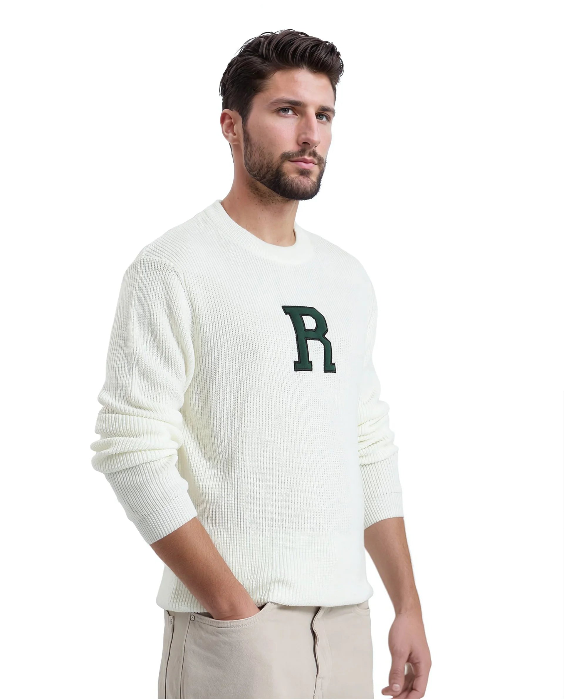 Rare Rabbit Men's Kazu Off White Cotton Fabric Full Sleeve Crew Neck Regular Fit Applique Logo Sweater