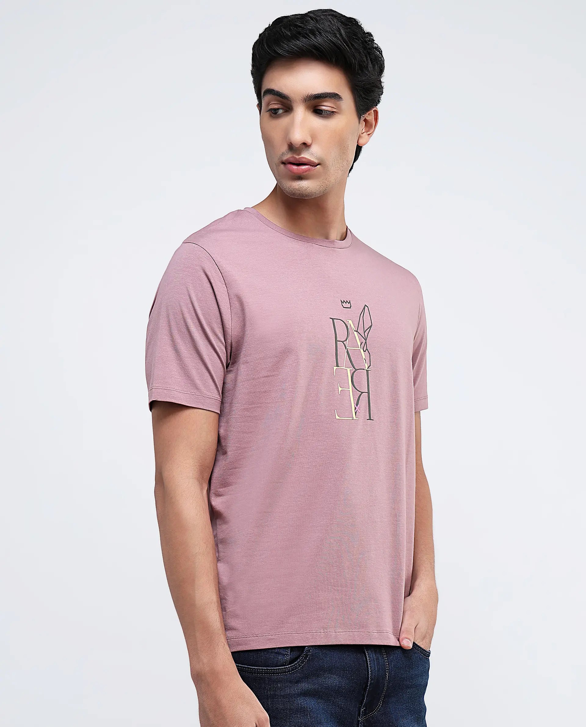 Rare Rabbit Men Keat Pink Short Sleeves Crew Neck Regular Fit Hd Graphic Print T-Shirt