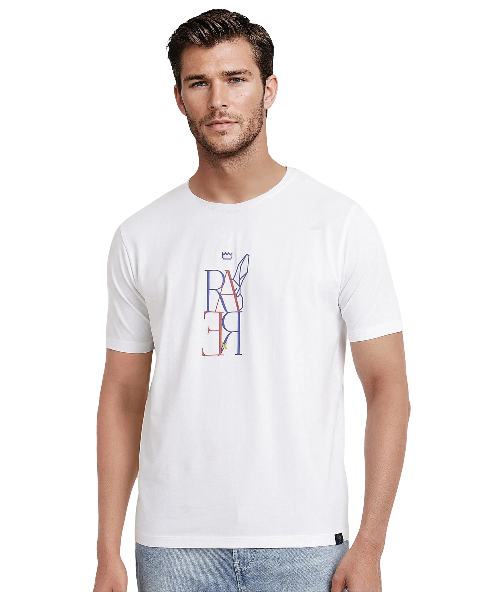 Rare Rabbit Men Keat White Short Sleeves Crew Neck Regular Fit Hd Graphic Print T-Shirt