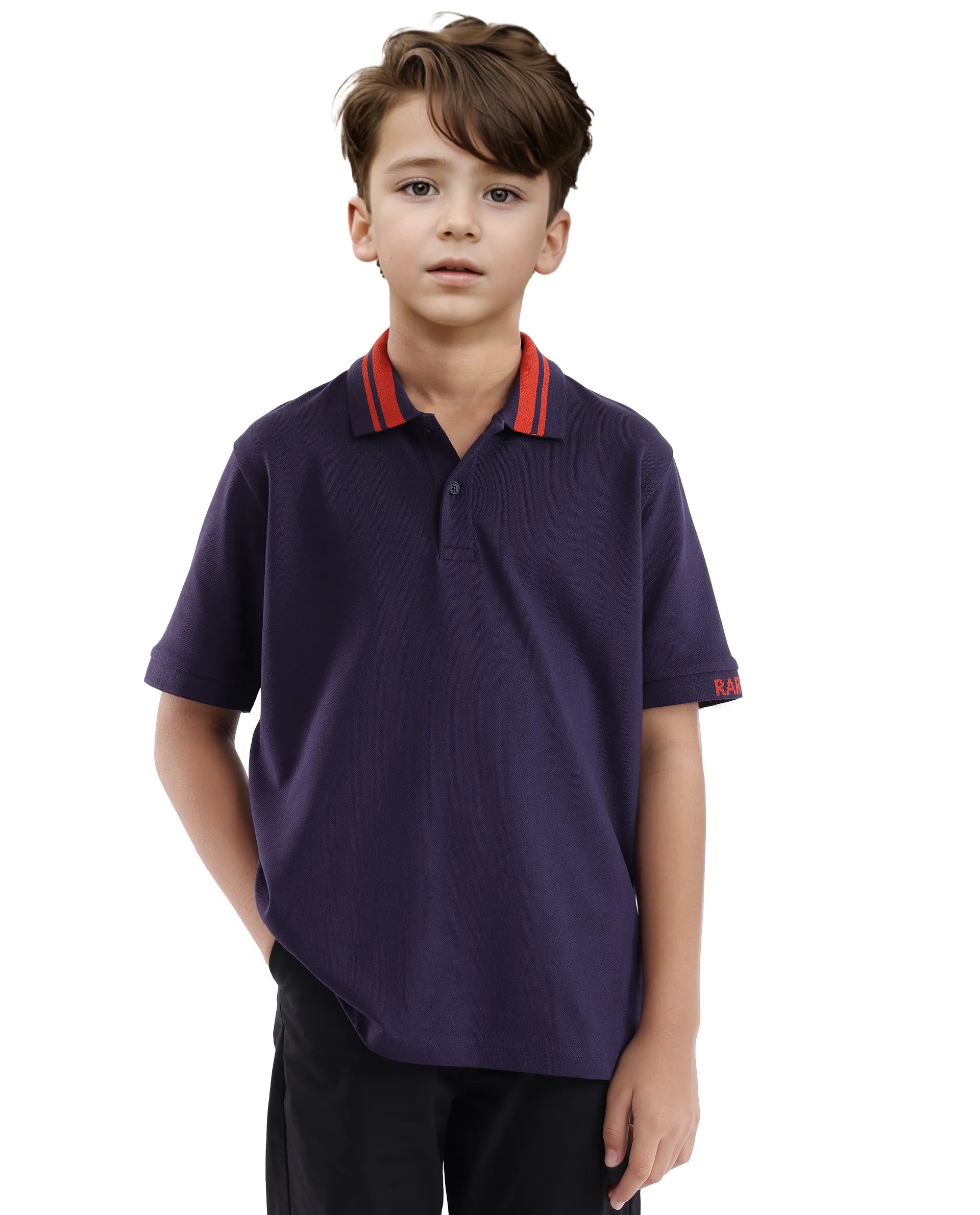 Rare Ones Kids Keef Dark Purple Cotton Fabric Short Sleeve Contrasting Collar Solid Polo