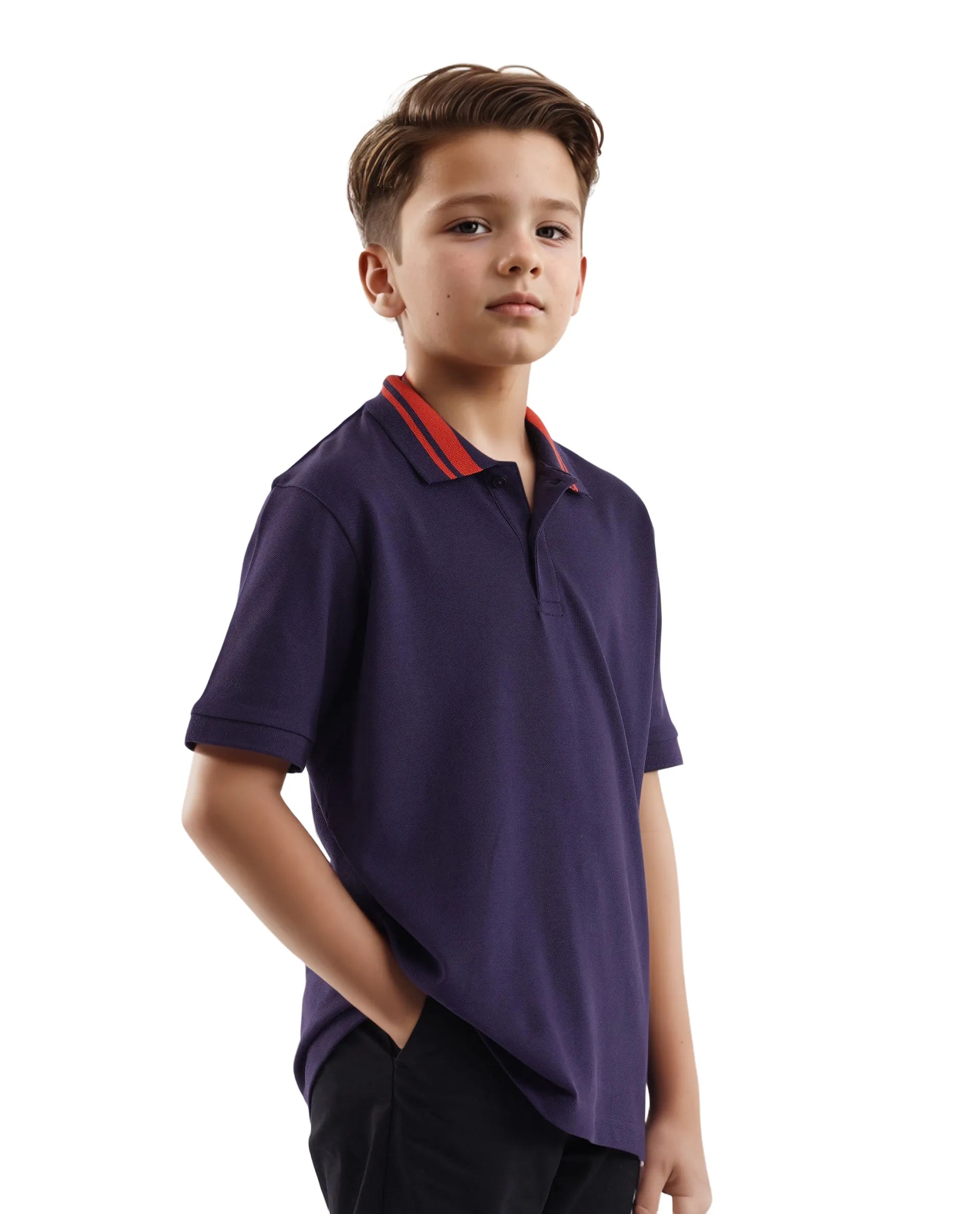 Rare Ones Kids Keef Dark Purple Cotton Fabric Short Sleeve Contrasting Collar Solid Polo