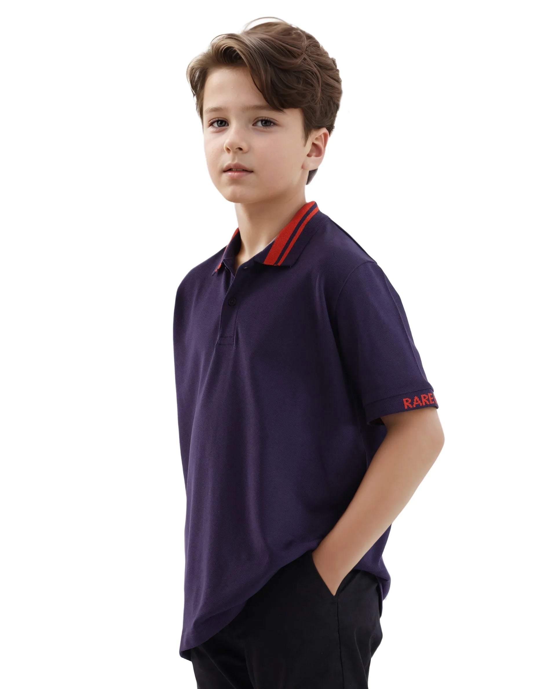 Rare Ones Kids Keef Dark Purple Cotton Fabric Short Sleeve Contrasting Collar Solid Polo