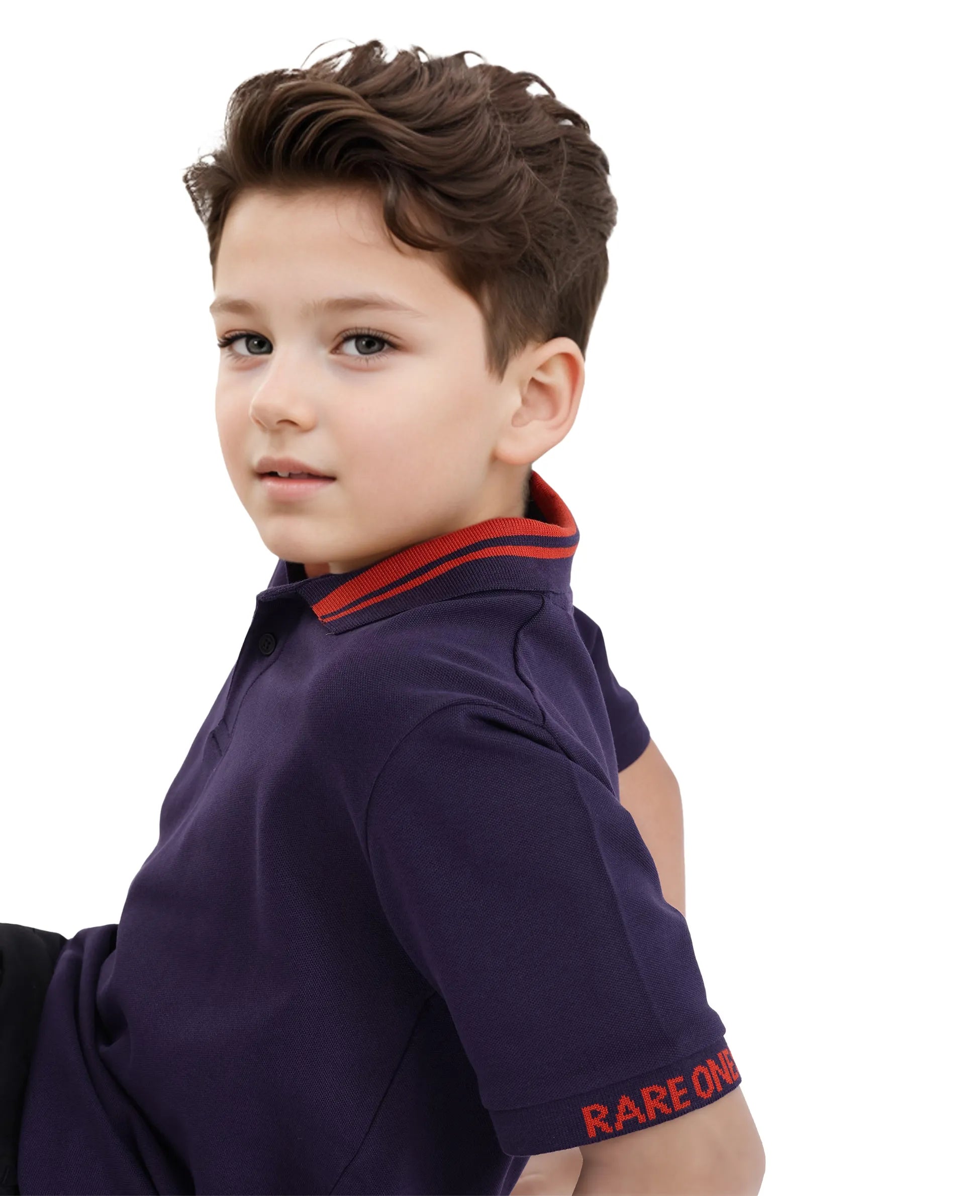Rare Ones Kids Keef Dark Purple Cotton Fabric Short Sleeve Contrasting Collar Solid Polo