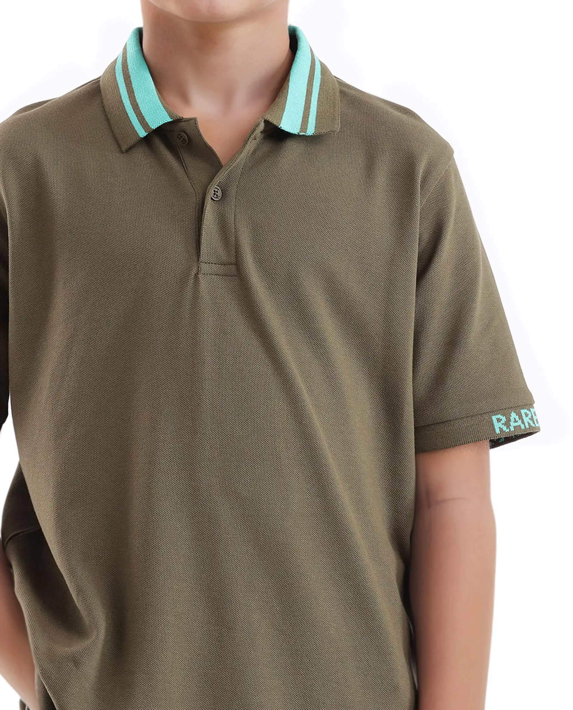 Rare Ones Kids Keef Olive Cotton Fabric Short Sleeve Contrasting Collar Solid Polo