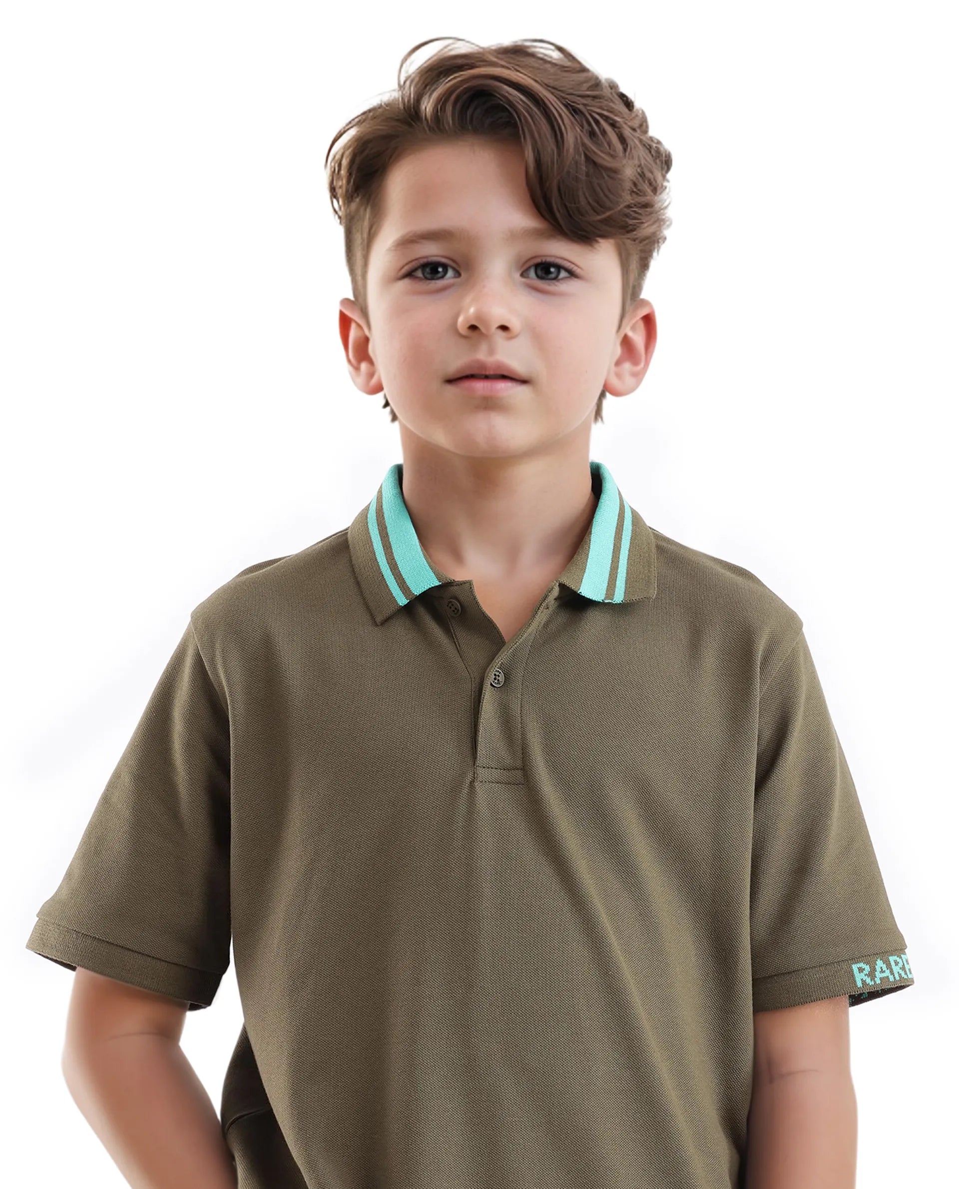 Rare Ones Kids Keef Olive Cotton Fabric Short Sleeve Contrasting Collar Solid Polo