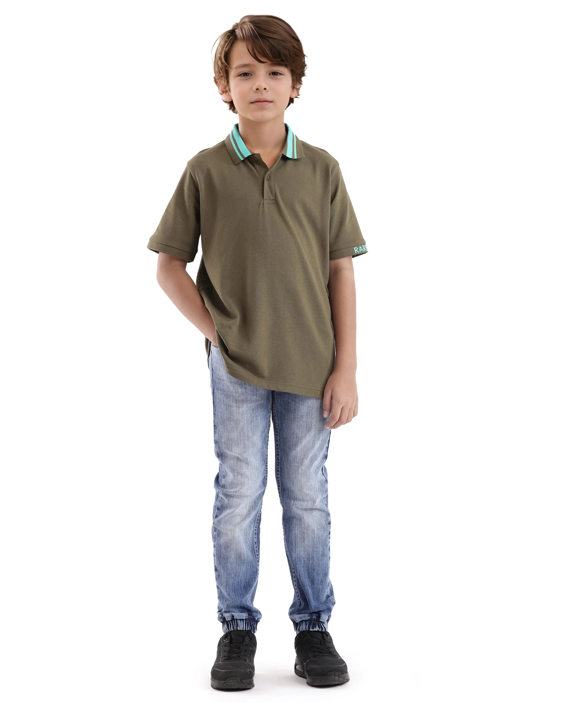 Rare Ones Kids Keef Olive Cotton Fabric Short Sleeve Contrasting Collar Solid Polo