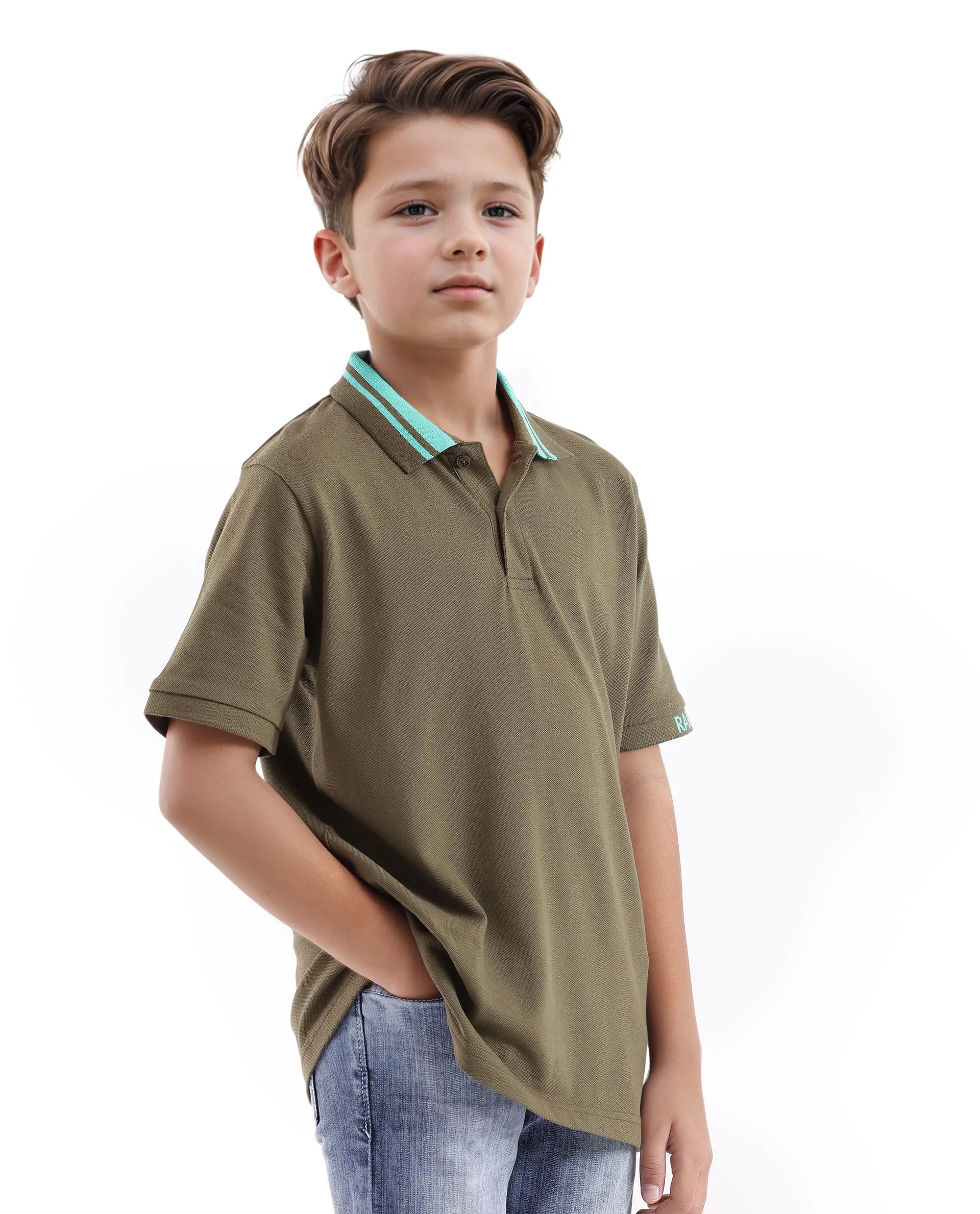 Rare Ones Kids Keef Olive Cotton Fabric Short Sleeve Contrasting Collar Solid Polo